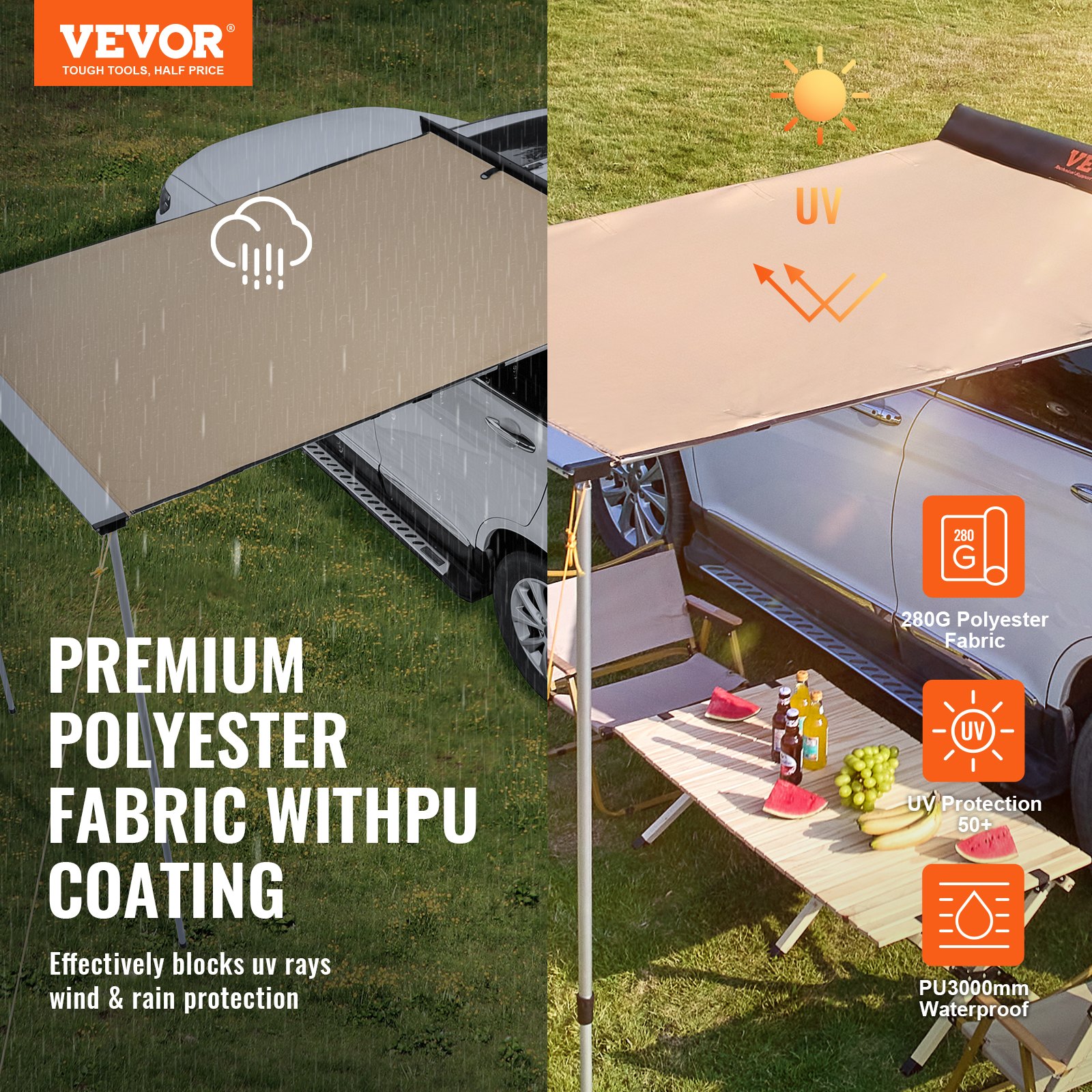 Close-up of Vevor vehicle awning PU3000mm waterproof polyurethane fabric on Toyota Tacoma overland rig