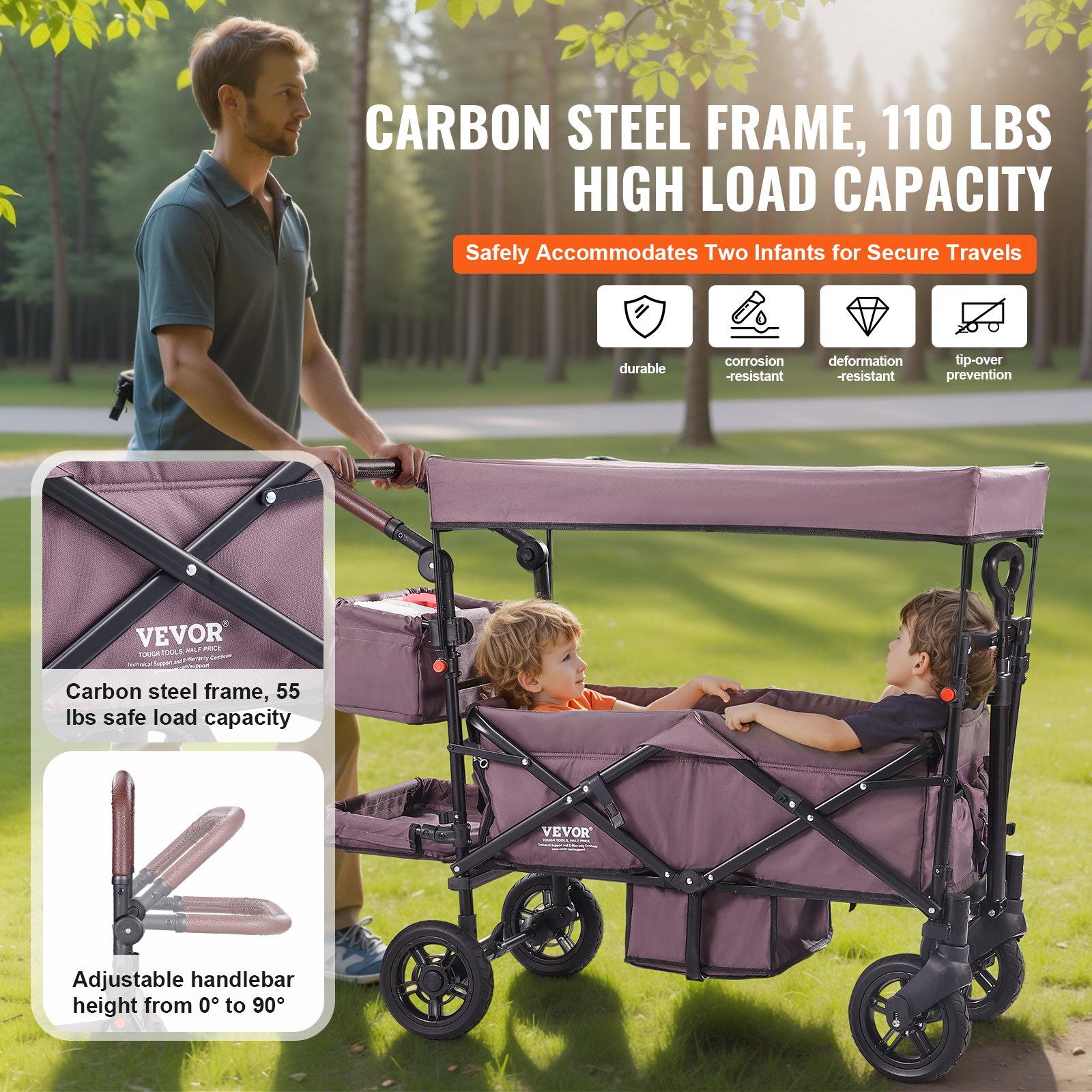 Wagon Stroller For 2 Kids, Push Pull Quad Collapsible Stroller With Adjustable Handle, Encircling Harness Removable Canopy,4 Wheels W/ Brakes,Mutifunction Tandem Stroller For Camping Dark Pur