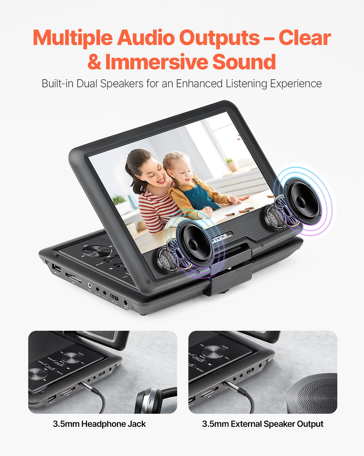 Portable DVD Player 10.1 Inch HD Swivel Display Screen 4 Hours Built-in Battery 4