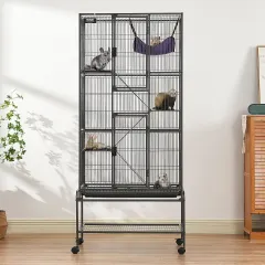 69' Metal Small Animal Cage 4-Tier Rolling Ferret Cage With Tray 3 Ramps - Black - View 1