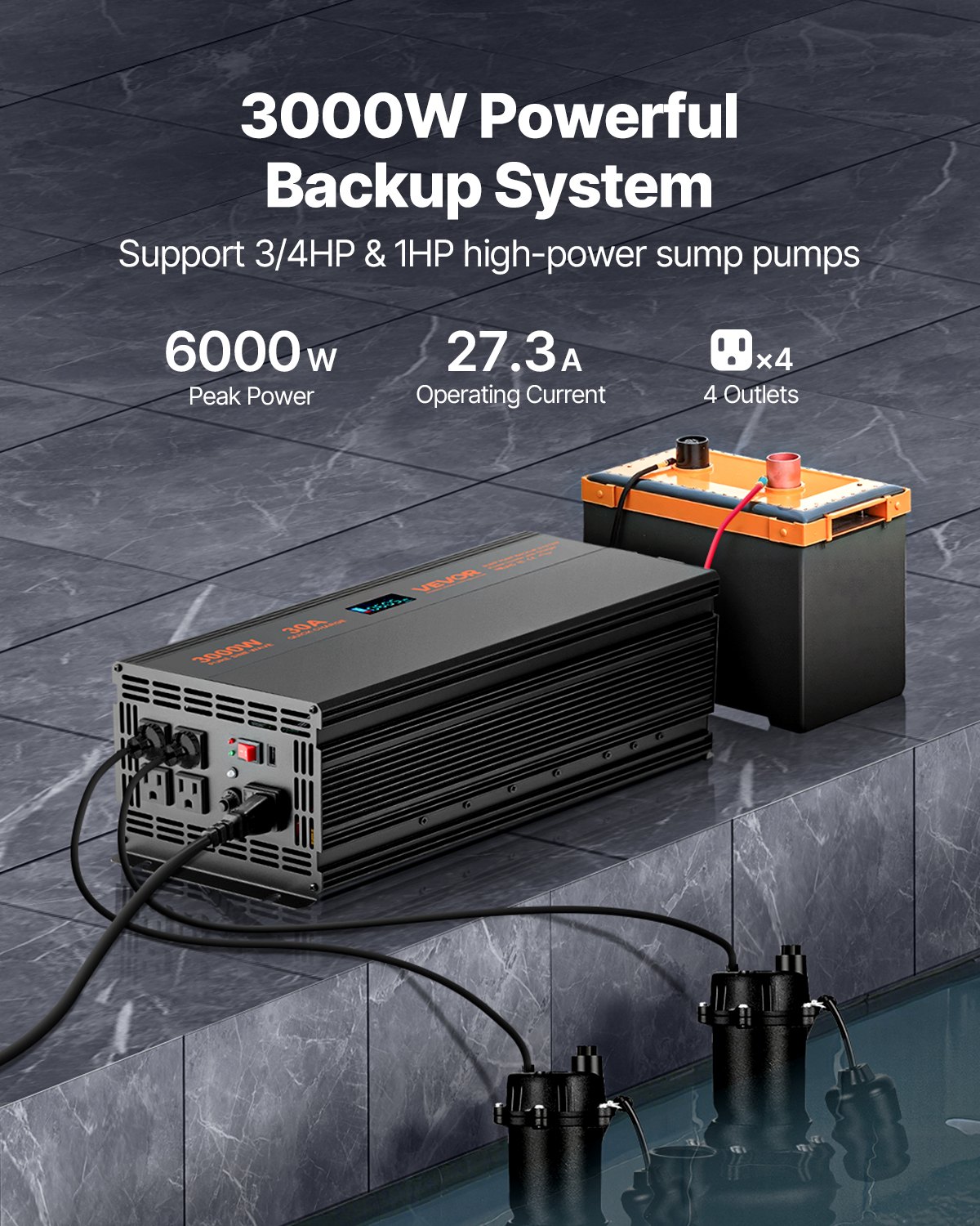 Sump Pump Battery Backup System 3000W LCD Auto Switches To Battery Inverter