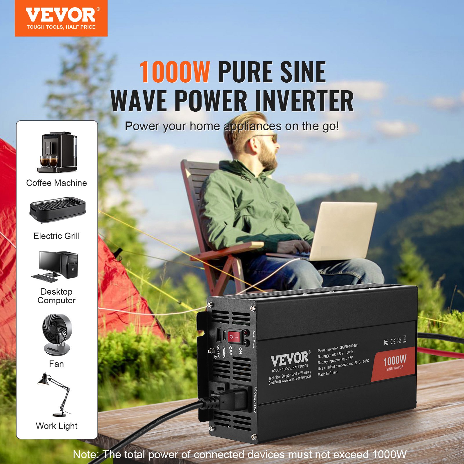 Pure Sine Wave Inverter, 1000 Watt, DC 12V To AC 120V Power Inverter With 2 AC Outlets 1 USB Port 1 Type-C Port, Remote Control For Small Home Devices Like Smartphone Laptop, CE FCC Certified