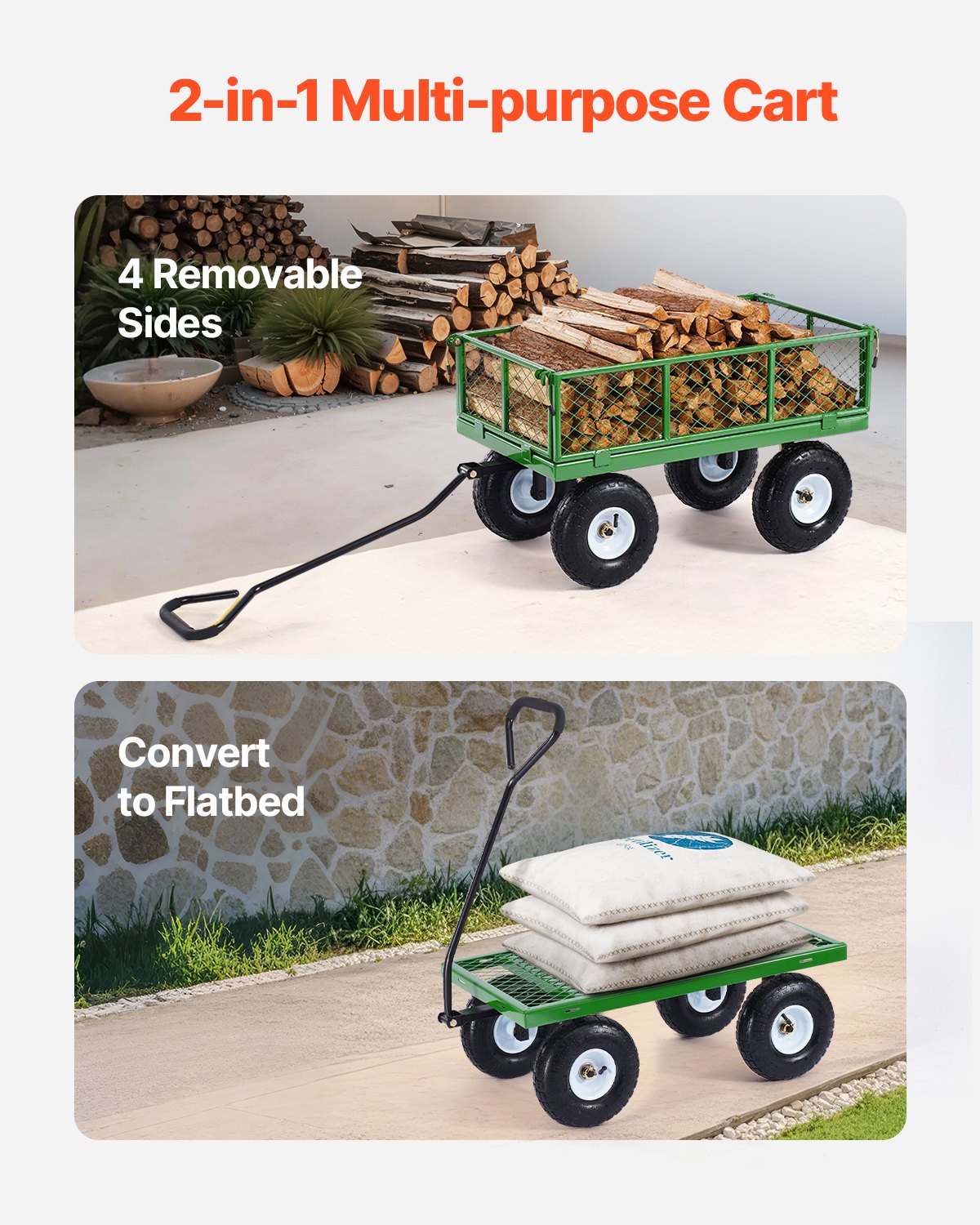 900 Lbs Steel Garden Cart On Wheels, Heavy Duty Pullable Garden Wagon Yard Cart, Outdoor Metal Utility Wagon With 10' Tires And Mesh Removable Sides(Convert To Flatbed), And 180°Rotating Handle image 3