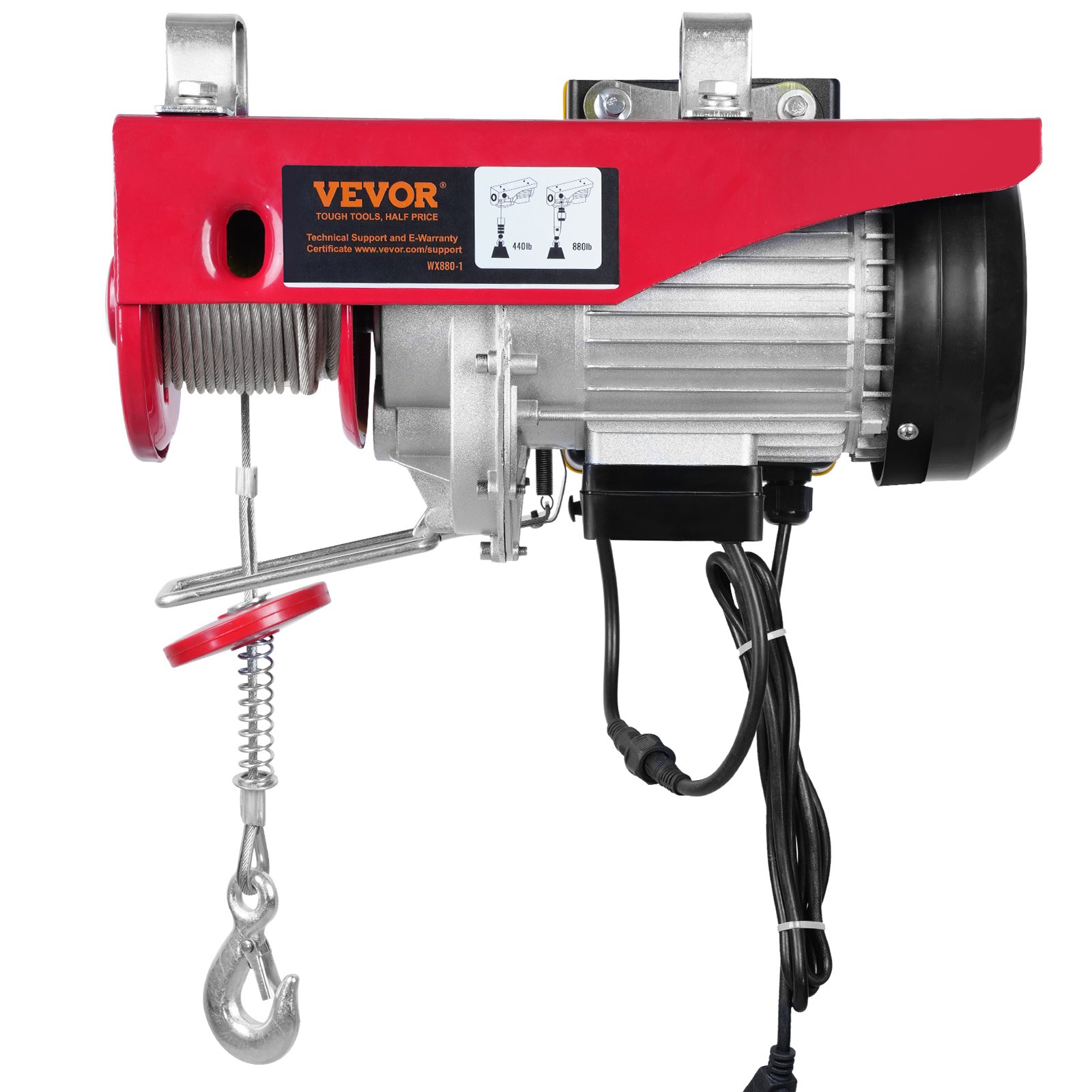 Red Vevor electric hoist on a white background