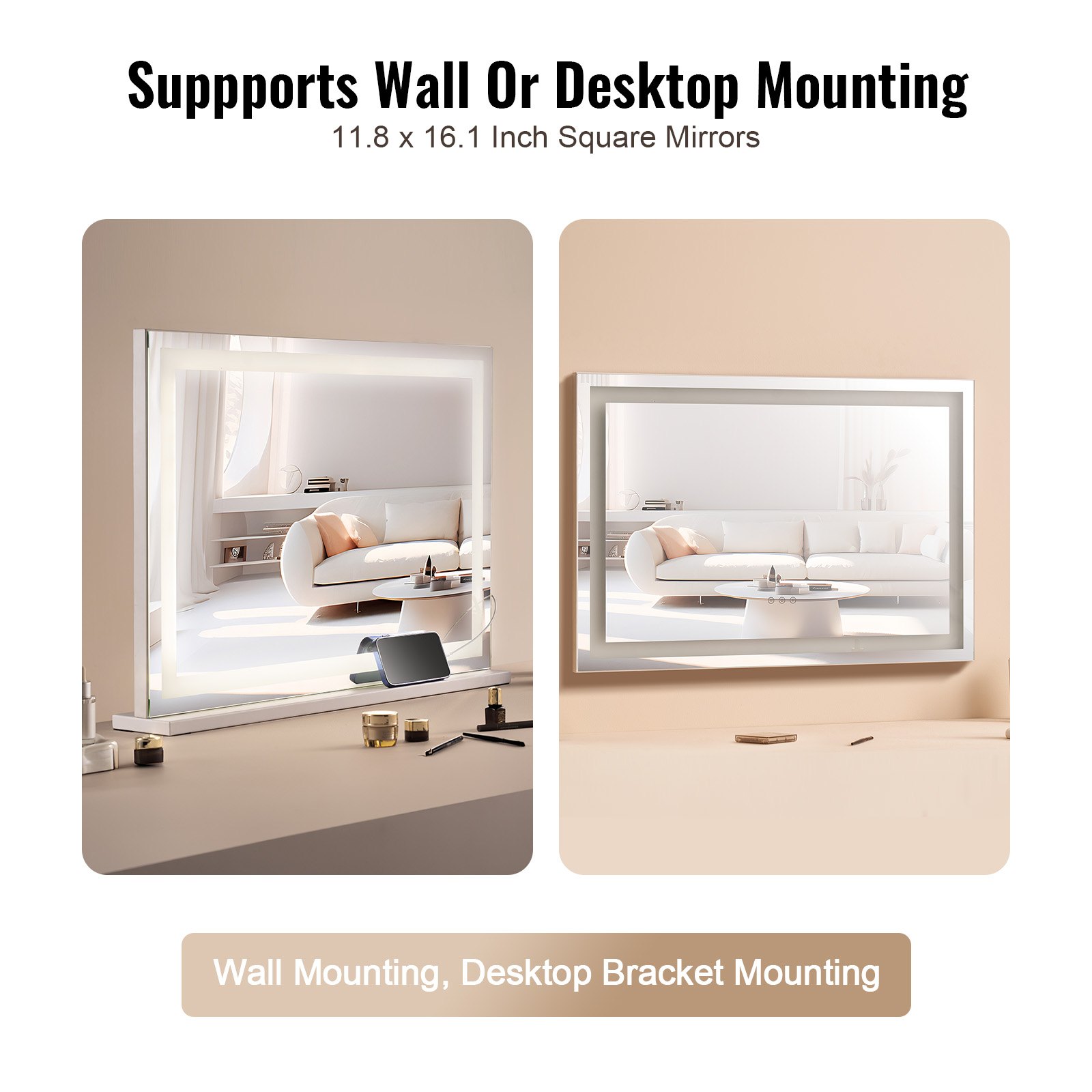 Lighted Makeup Mirror 3 Color Vanity W/ USB Desktop Wall-mount 31.5x21.7in