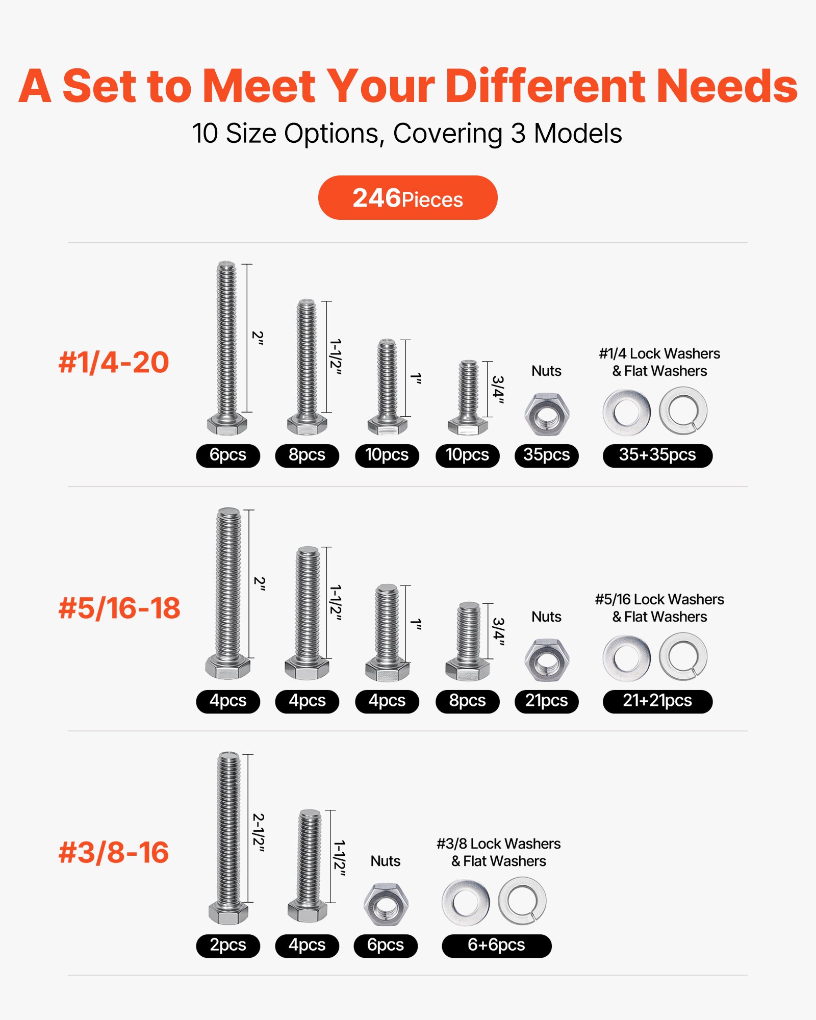 246 Pcs Bolts Nuts Assortment Kit Imperial Stainless Steel For Furniture
