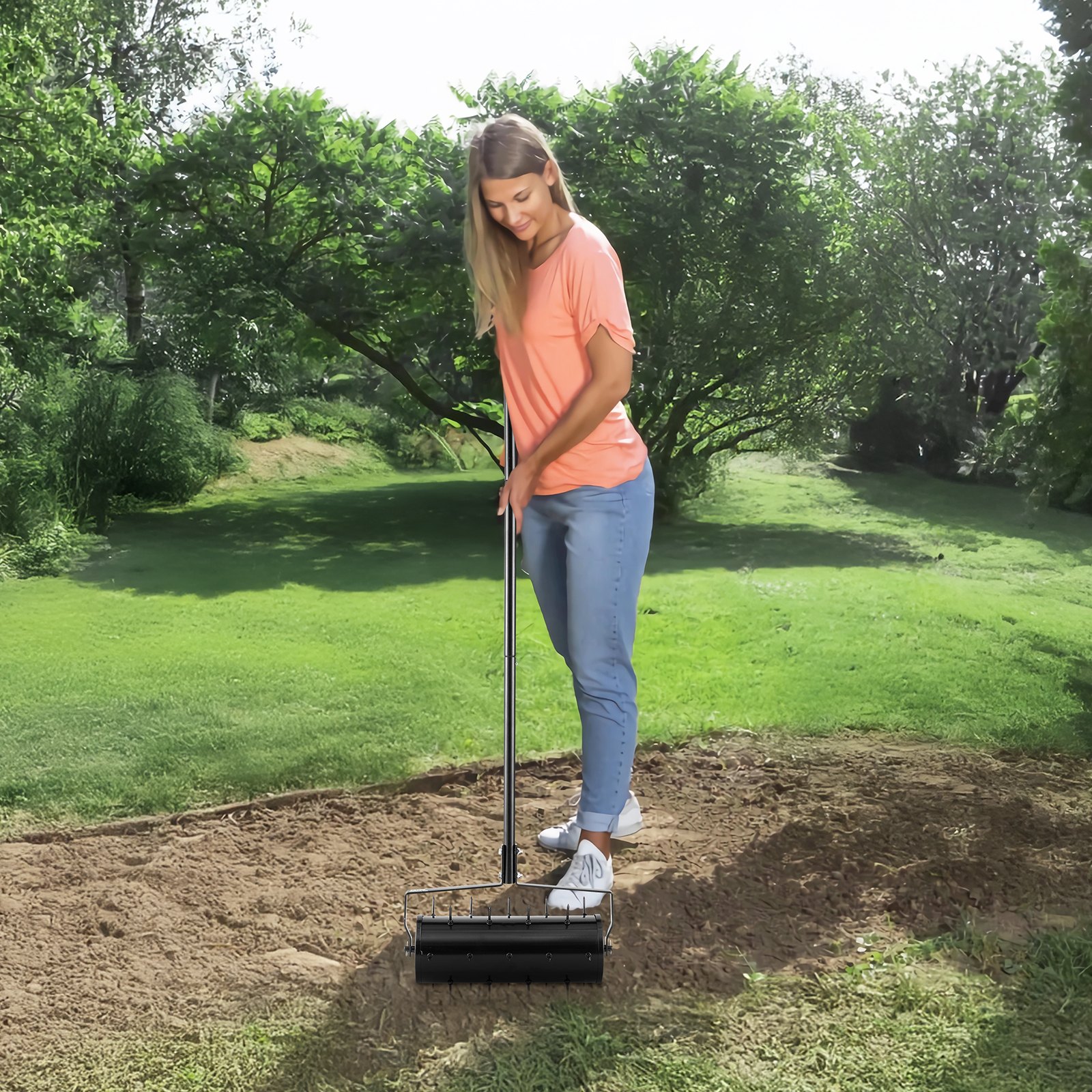 Rolling Lawn Aerator, 18-inch Heavy-Duty Manual Rolling Aerator Lawn With Detachable Handle And 27 Iron Spikes, Rolling Lawn Aeration Tool For Garden Patio Yard Compacted Soils And Lawns, Black image 6