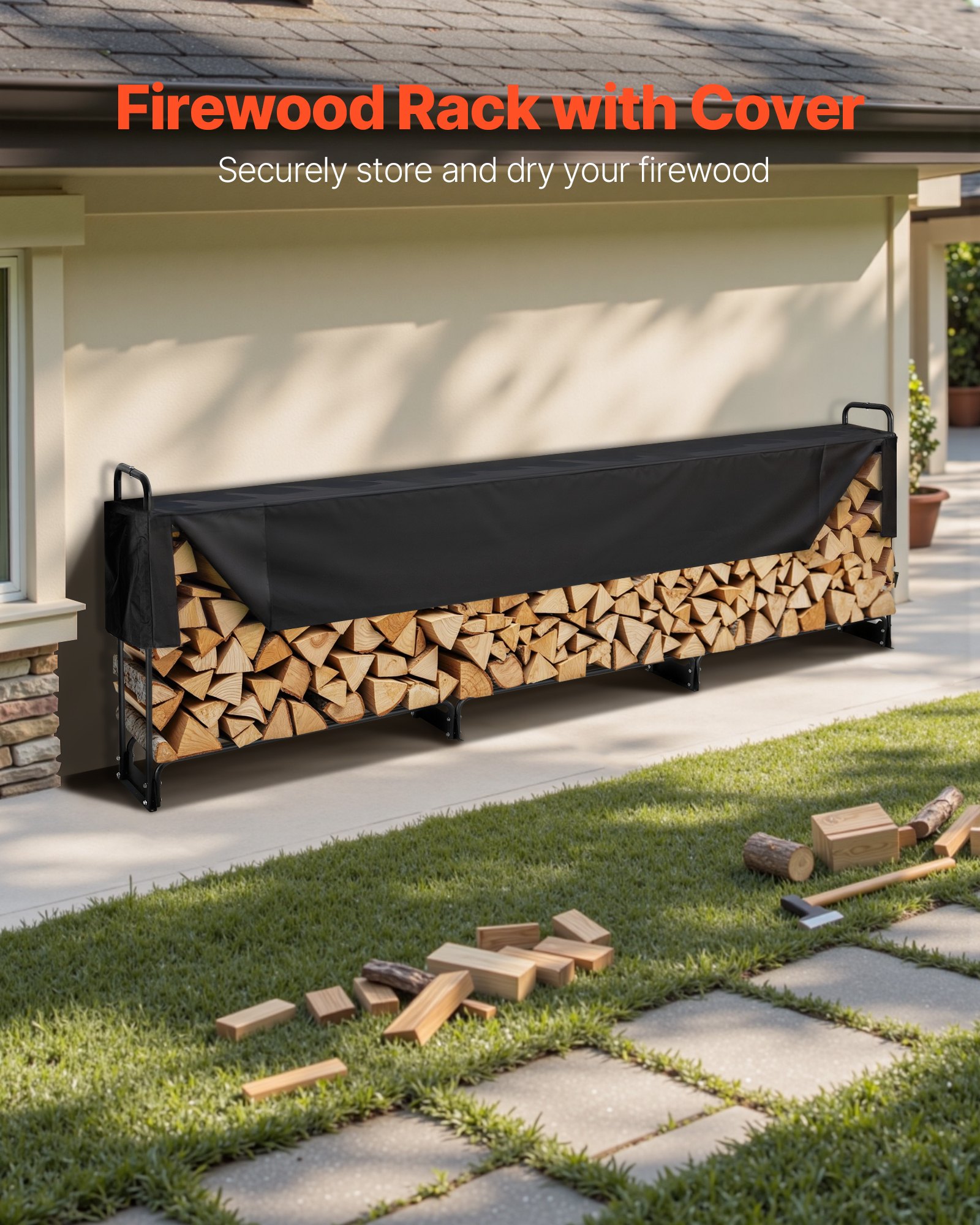 12.7FT Outdoor Firewood Rack With Cover, ,Heavy Duty Firewood Holder & 600D Oxford Waterproof Cover For Fireplace,… - 2