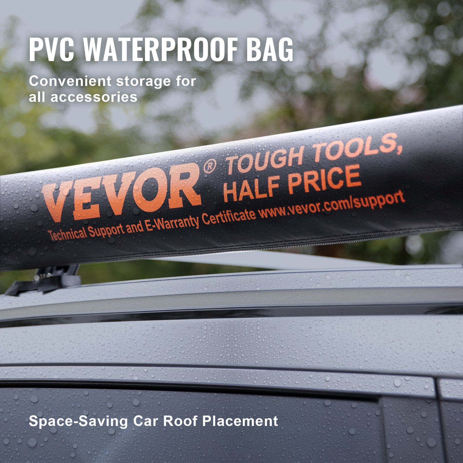 Vevor 54 sq ft side awning canopy deployed on Chevy Silverado roof rack crossbar showing full shade coverage