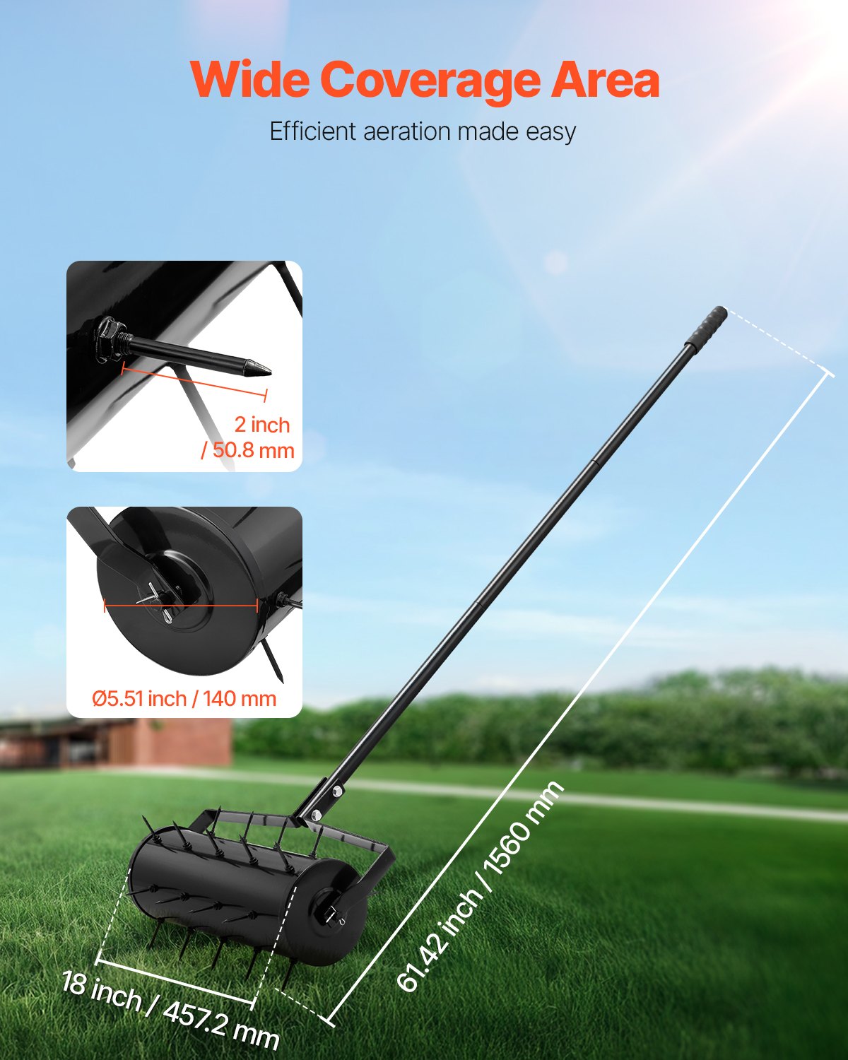 Rolling Lawn Aerator, 18-inch Heavy-Duty Manual Rolling Aerator Lawn With Detachable Handle And 27 Iron Spikes, Rolling Lawn Aeration Tool For Garden Patio Yard Compacted Soils And Lawns, Black image 2