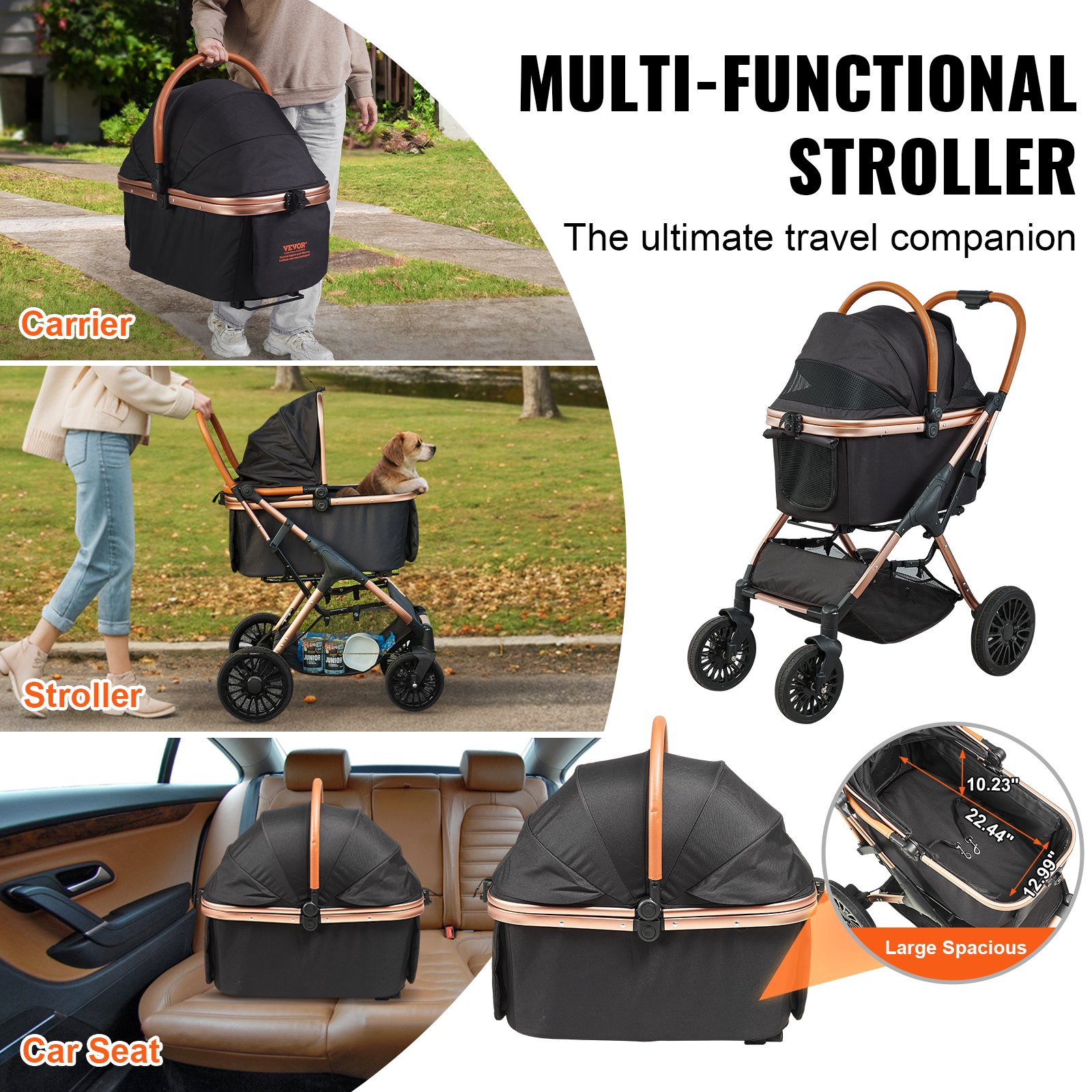 Pet Stroller, 4 Wheels Dog Stroller Rotate With Brakes, 66 Lbs Weight Capacity, Puppy Stroller With Detachable Carrier, Storage Basket And Pet Pad, For Small To Medium Sized Dogs, Black