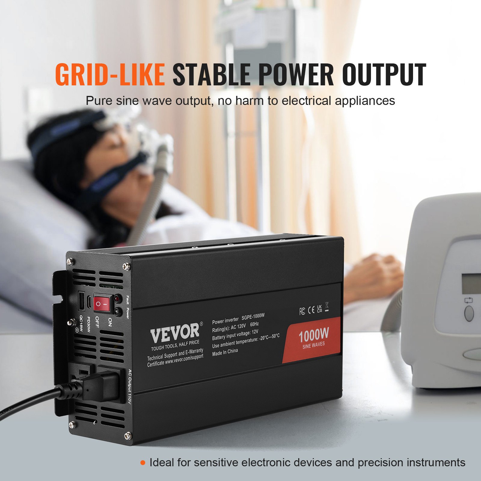 Pure Sine Wave Inverter, 1000 Watt, DC 12V To AC 120V Power Inverter With 2 AC Outlets 1 USB Port 1 Type-C Port, Remote Control For Small Home Devices Like Smartphone Laptop, CE FCC Certified