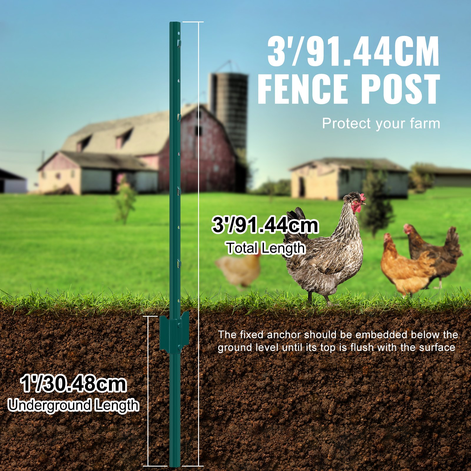 3 Feet Fence Post 10 Pack T-Post Heavy Duty Metal Fence Posts Green - 3
