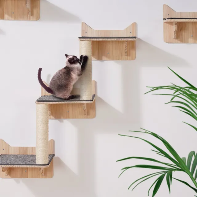 Wall Mounted Cat Shelves Tree With Jumping Boards Nest Furniture Set Of 5 Natural - Shop at LoveMi