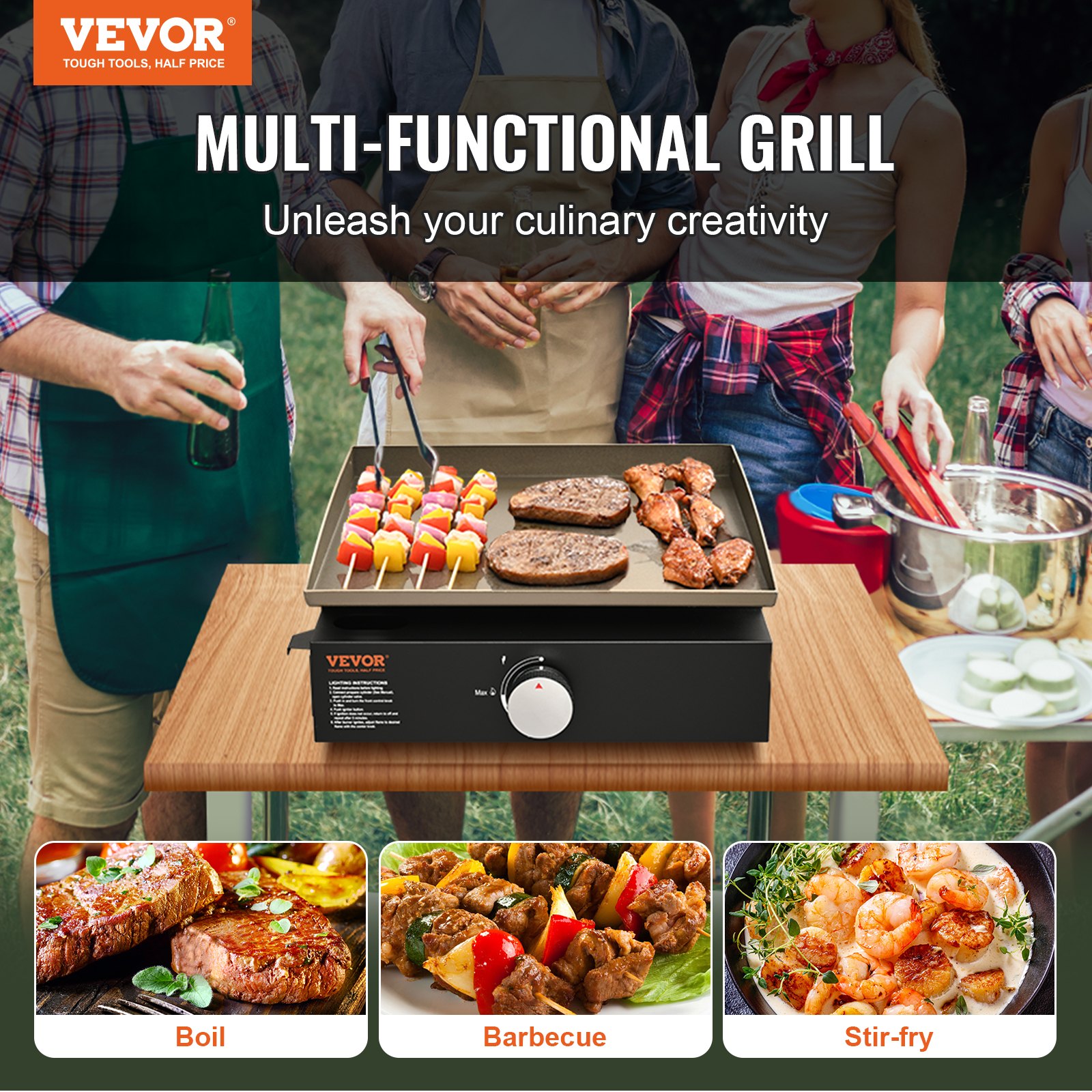 Commercial Griddle, 16.9' Heavy Duty Manual Flat Top Griddle, Countertop Gas Grill With Non-Stick Cooking Plate, Steel LPG Gas Griddle, 1-Burner Restaurant Portable Grill -  13,000 BTU — foto 4