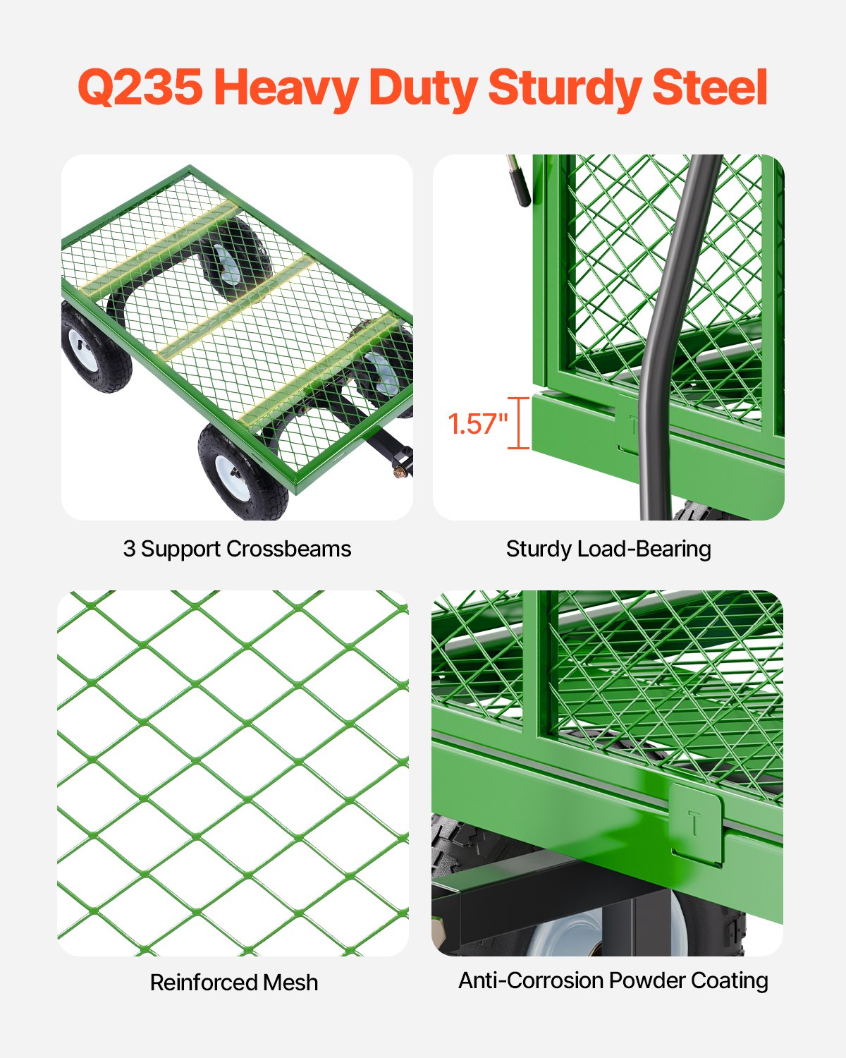 900 Lbs Steel Garden Cart On Wheels, Heavy Duty Pullable Garden Wagon Yard Cart, Outdoor Metal Utility Wagon With 10' Tires And Mesh Removable Sides(Convert To Flatbed), And 180°Rotating Handle image 4