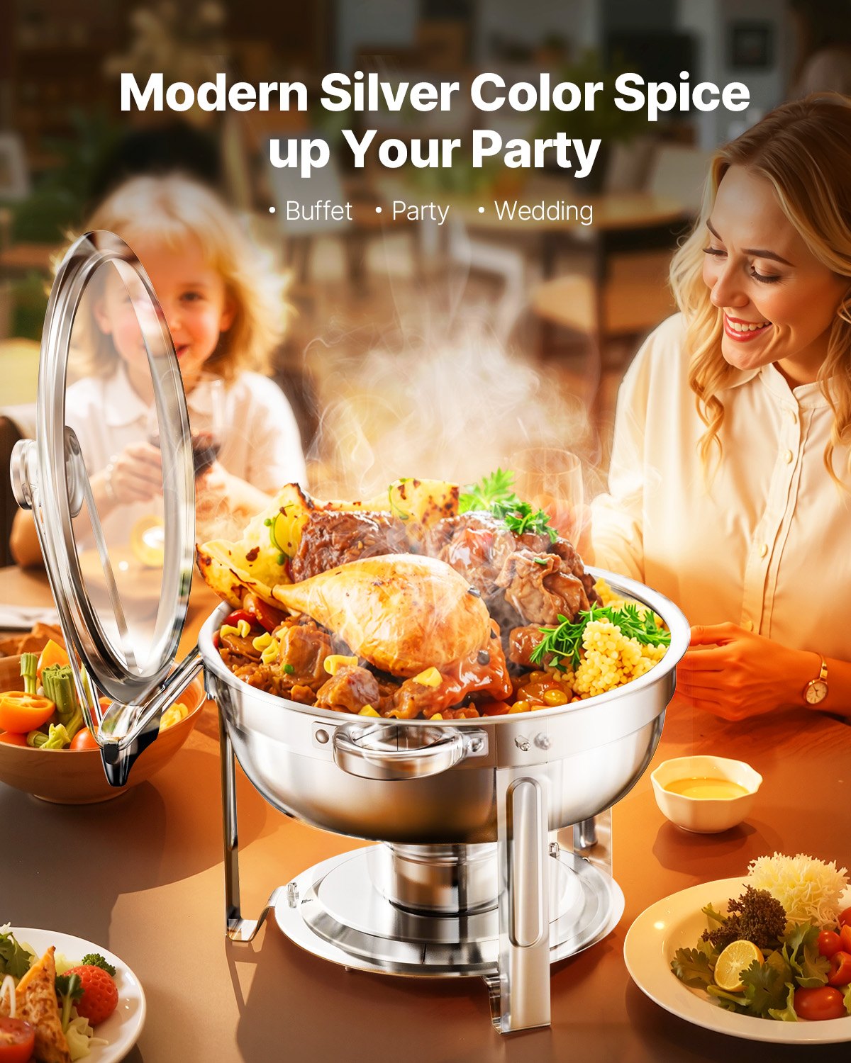 5 Qt 4 Pack Round Chafing Dish Buffet Set Full-Size Pan Stainless Steel Silver image 2