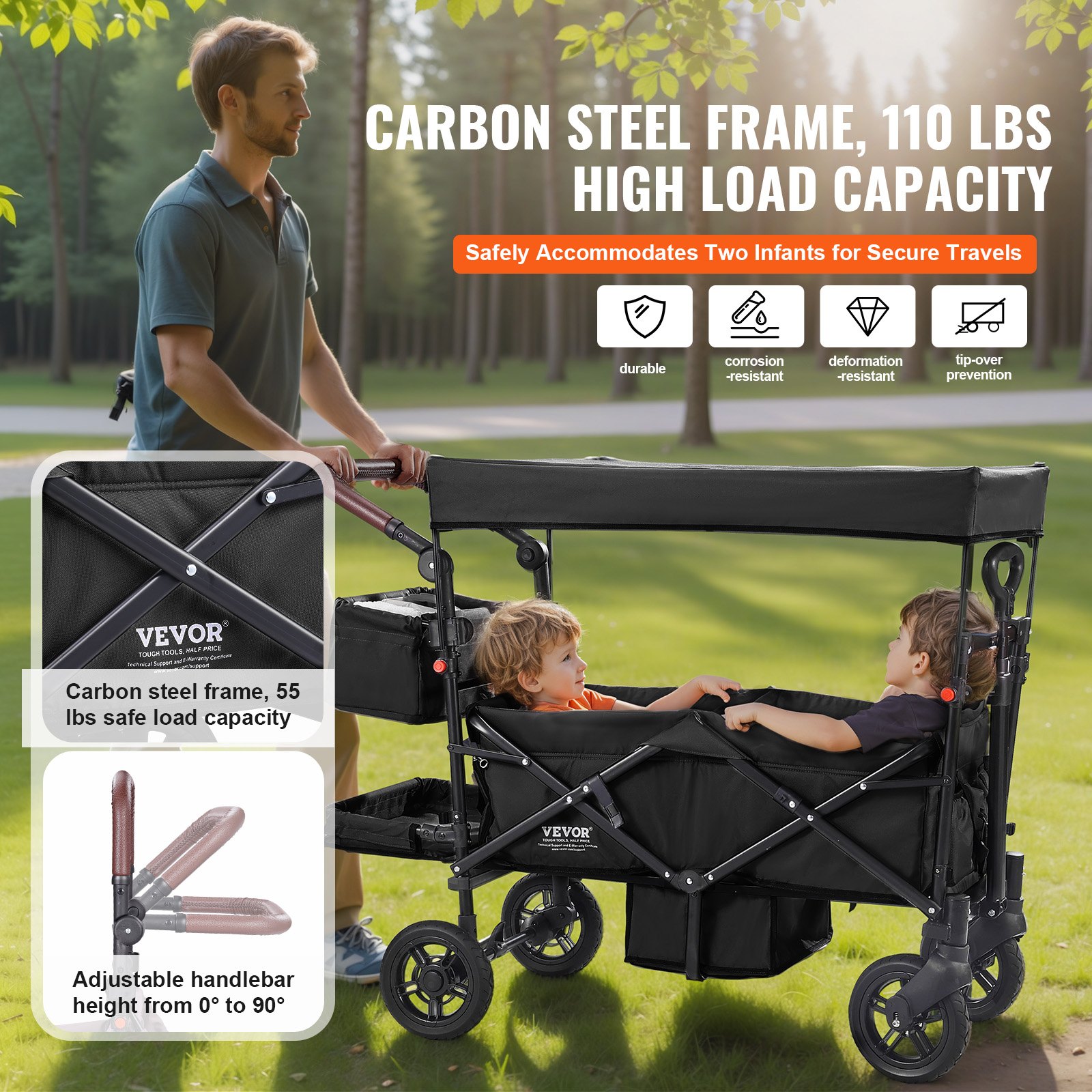 Wagon Stroller For 2 Kids, Push Pull Quad Collapsible Stroller With Adjustable Handle, Encircling Harness Removable Canopy, 4 Wheels With Brakes, Mutifunction Tandem Stroller For Camping Blac