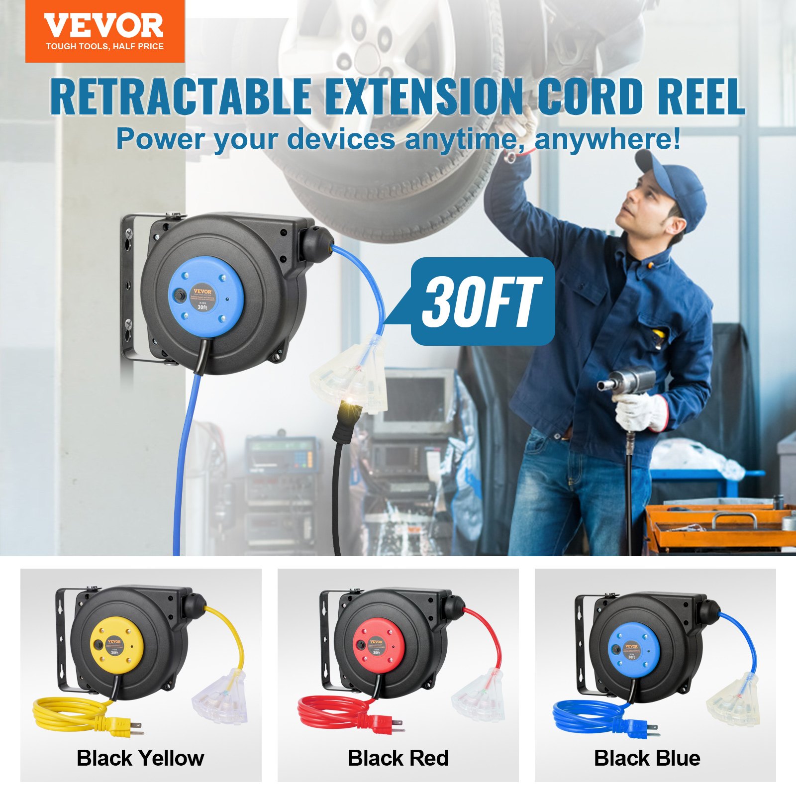 Retractable Extension Cord Reel Power Cord Reel 30FT 16AWG/3C SJTOW image 2