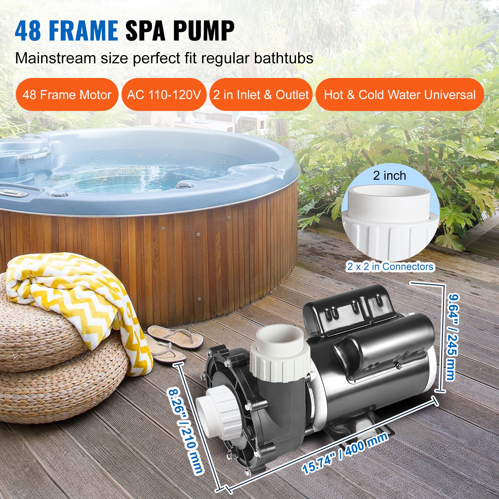 2 Speed SPA Pump, 48-Frame, AC 110-120V Hot Tub SPA Pump, 1.5HP/150GPM/42.65ft High Speed Or 0.46HP/70GPM/9.18ft Low… - 2