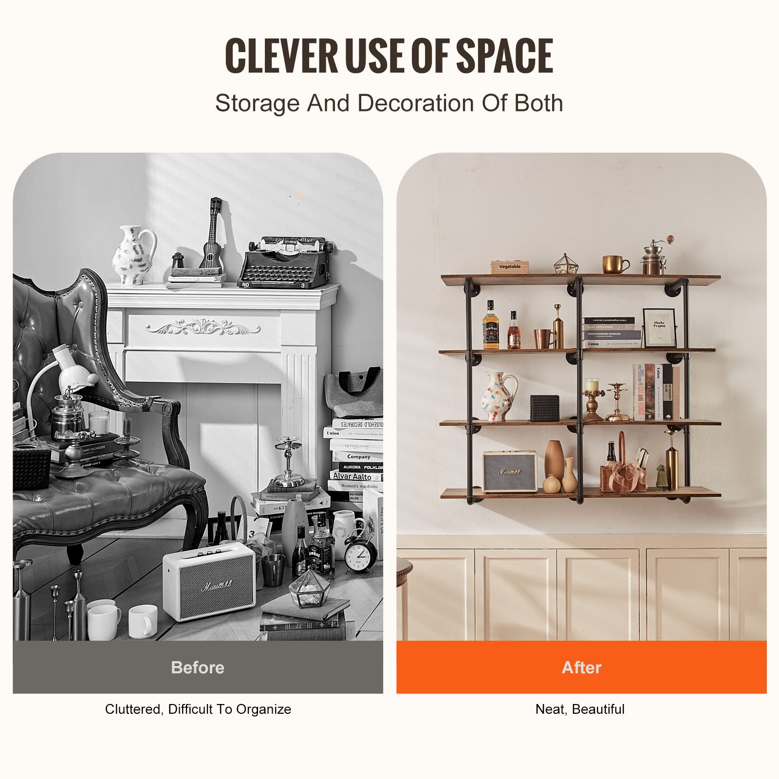 Industrial Pipe Shelf 4 Tier 3PCS 11.8in W Wall-Mount Planks NOT Included