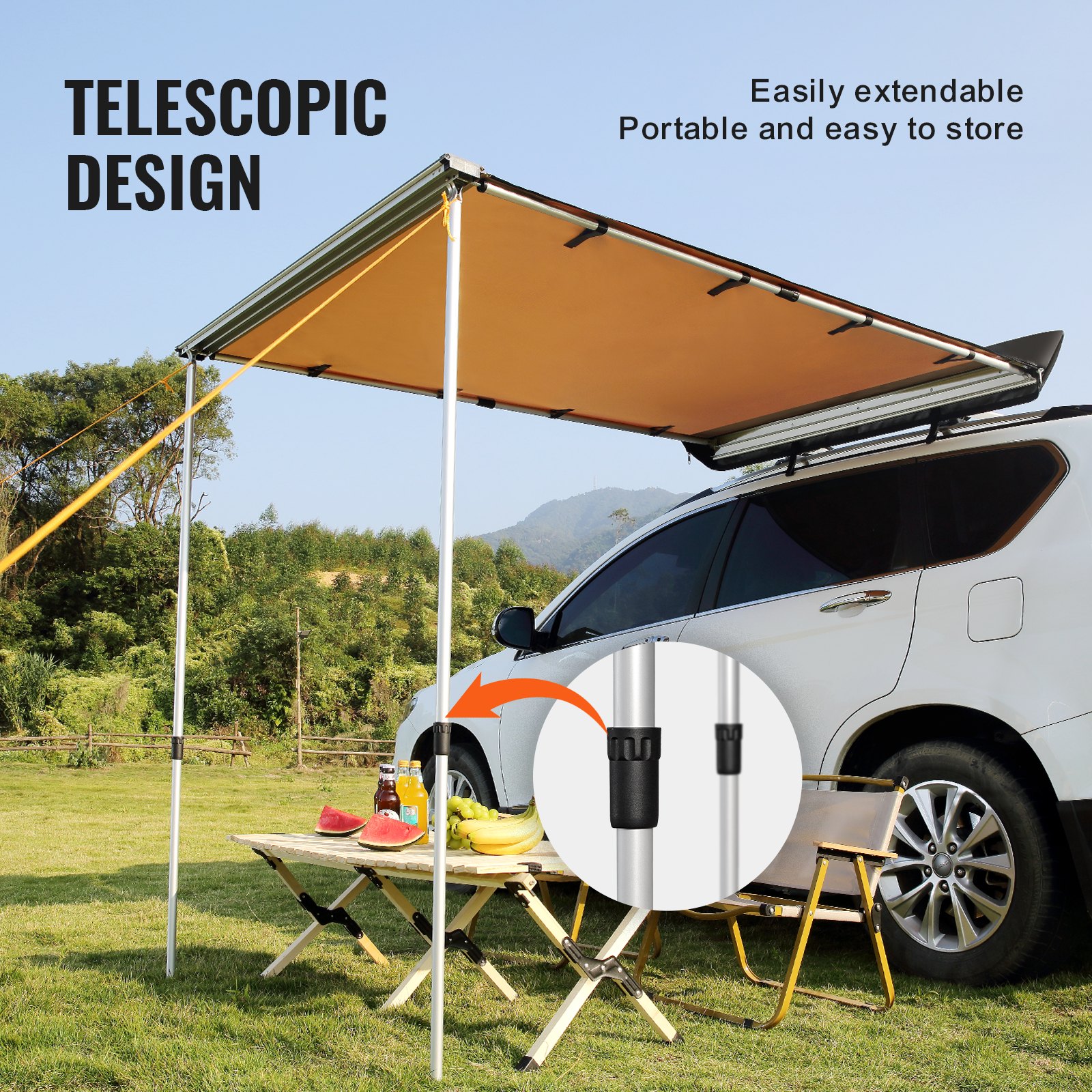 Vevor retractable awning rolled and stored in heavy-duty waterproof storage bag beside Ford Transit van