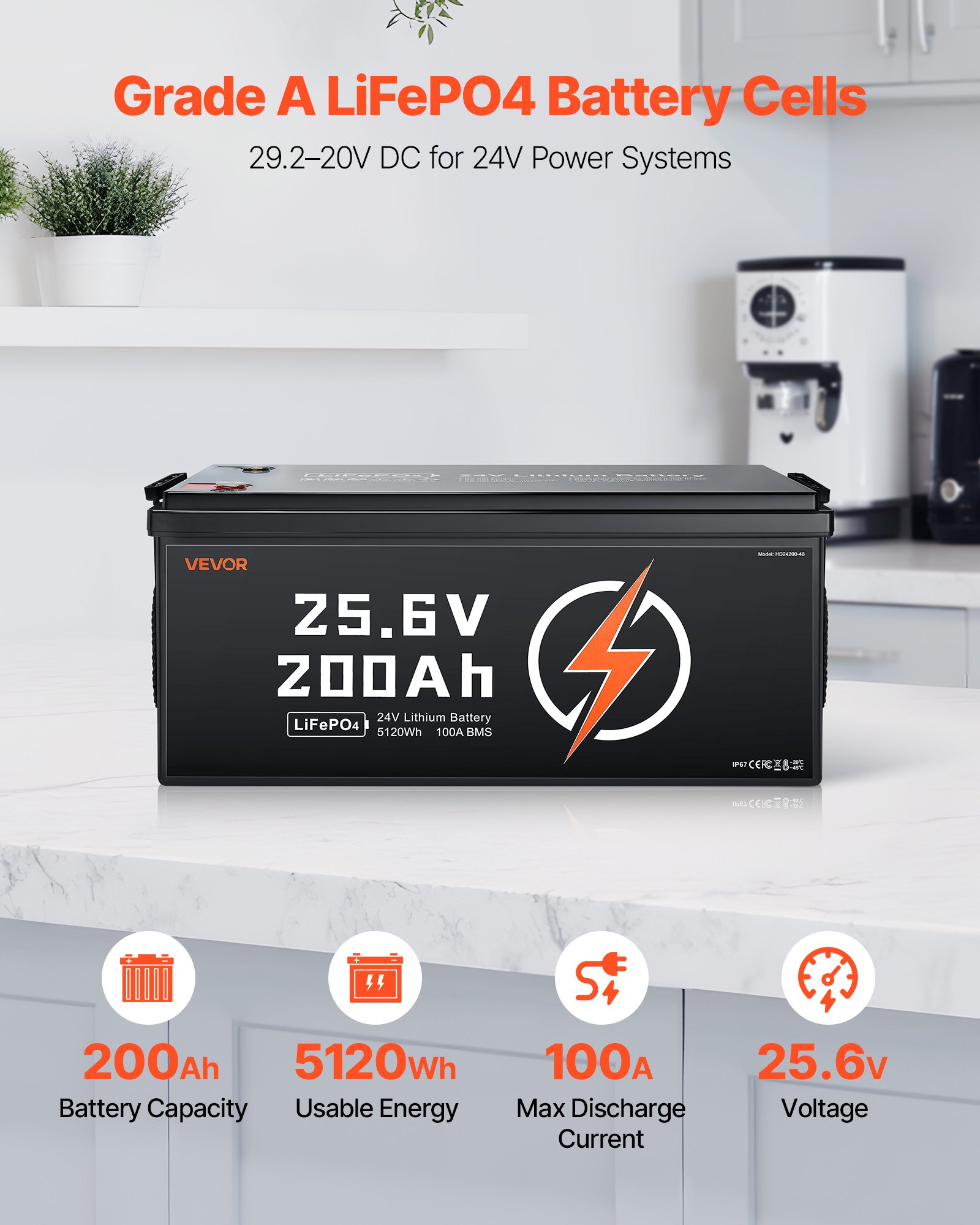 24V 200Ah LiFePO4 Lithium Battery Rechargeable Battery 100A BMS 4000 Cycle