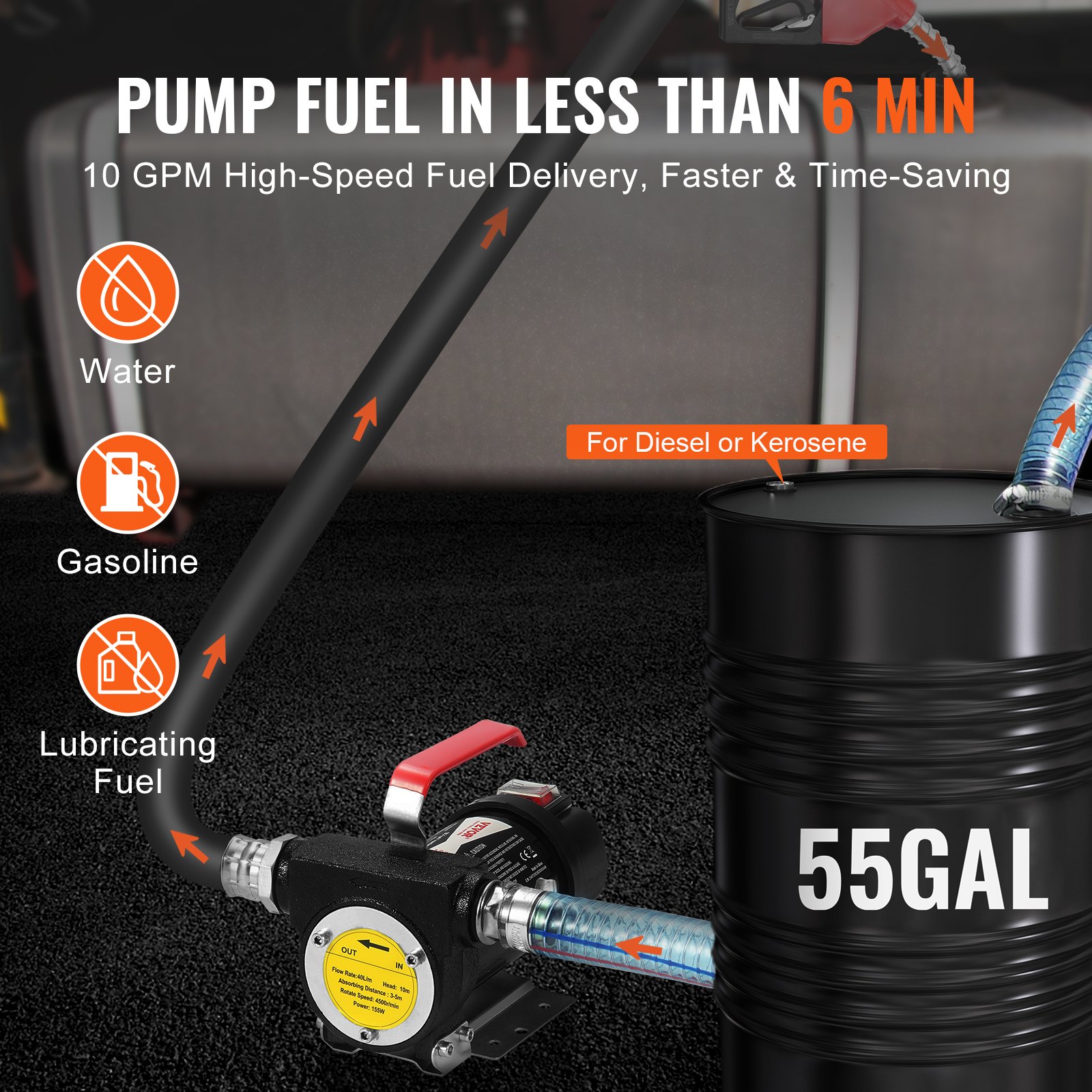 Fuel Transfer Pump 12V 10 GPM 1/4 HP Diesel Pump With Auto Fuel Nozzle