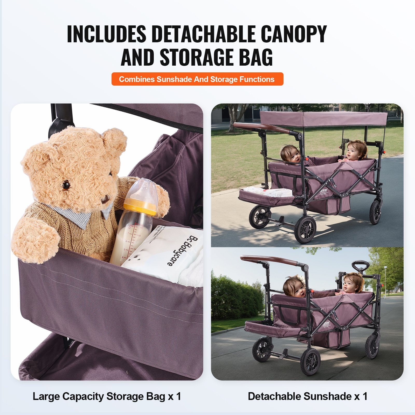 Wagon Stroller For 2 Kids, Push Pull Quad Collapsible Stroller With Adjustable Handle, Encircling Harness Removable Canopy,4 Wheels W/ Brakes,Mutifunction Tandem Stroller For Camping Dark Pur