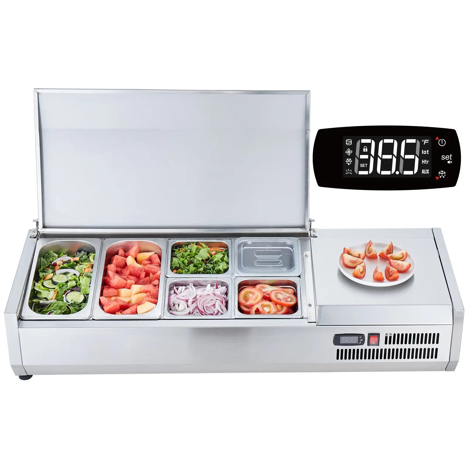 Refrigerated Condiment Prep Station, 135 W Countertop Refrigerated Condiment Station, With 2 1/3 Pans & 4 1/6 Pans, 304 Stainless Body And PC Lid, Sandwich Prep