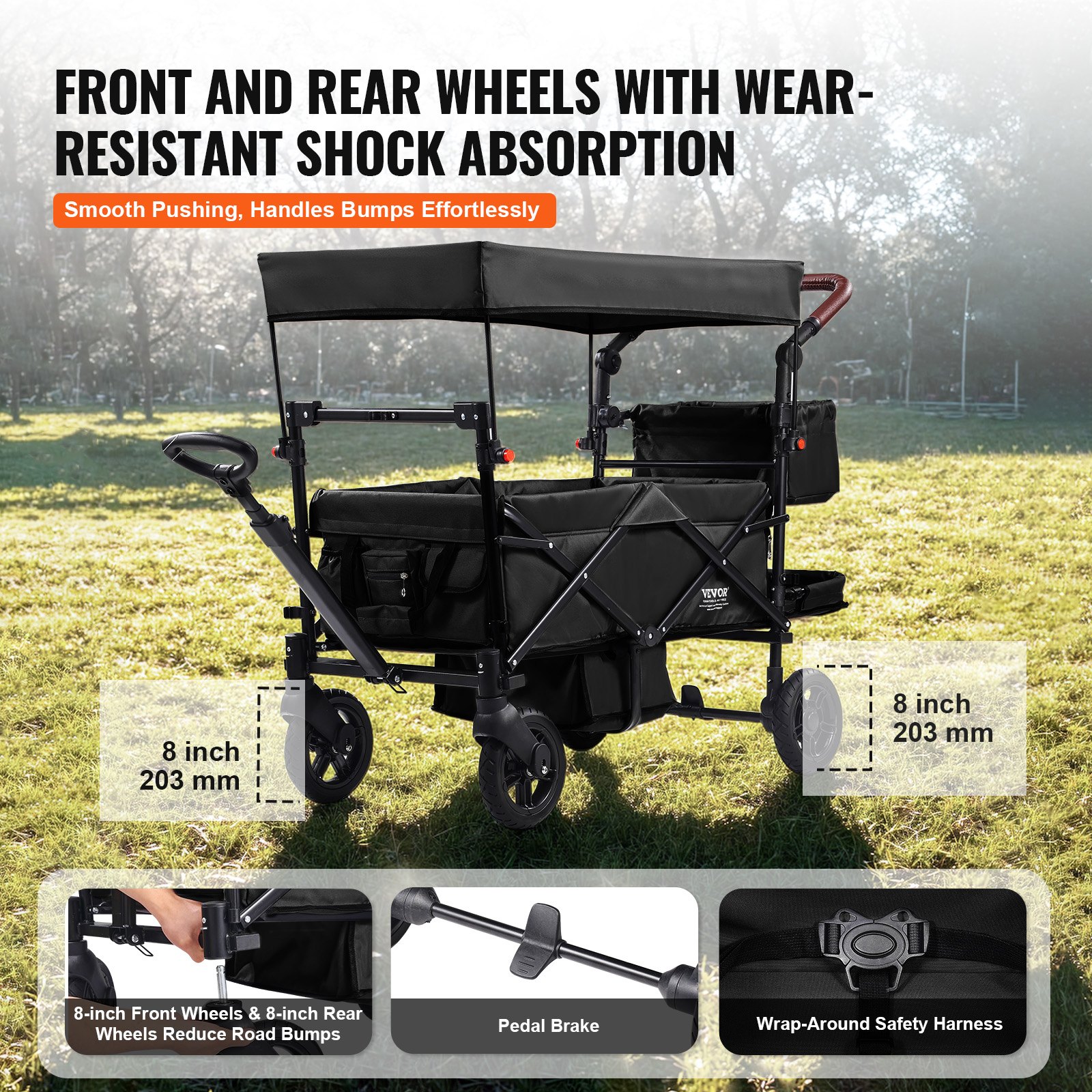 Wagon Stroller For 2 Kids, Push Pull Quad Collapsible Stroller With Adjustable Handle, Encircling Harness Removable Canopy, 4 Wheels With Brakes, Mutifunction Tandem Stroller For Camping Blac