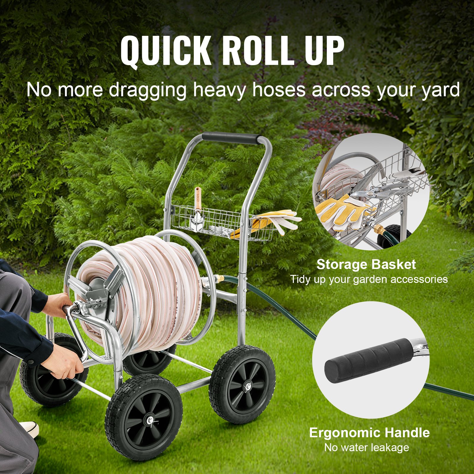 Hose Reel Cart, Hold Up To 300 Ft Of 5/8’’ Hose, Garden Water Hose Carts Mobile Tools With 4 Wheels, Heavy Duty Powder-coated Steel Outdoor Planting With Storage Basket, For Garden, Yard, Lawn image 4