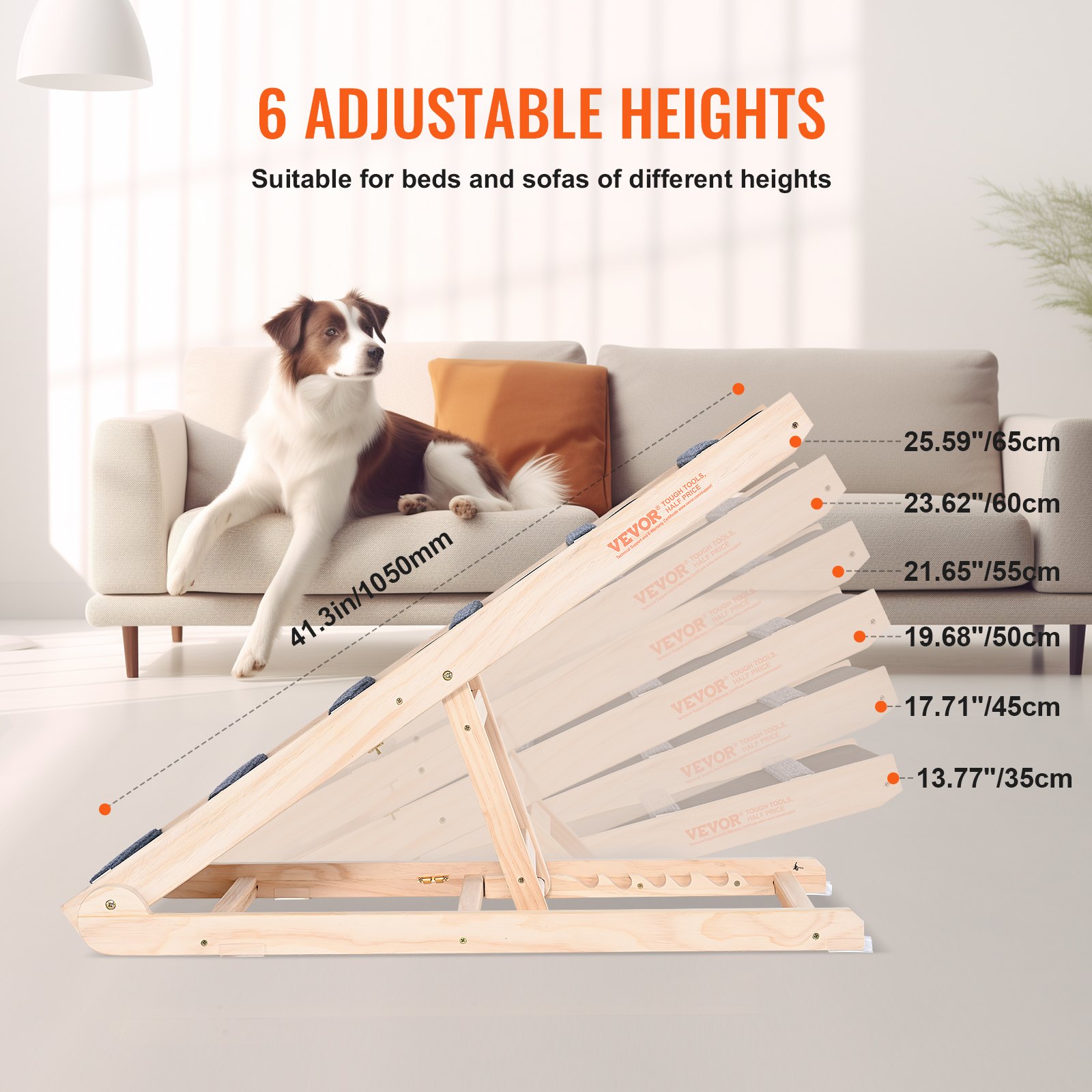 Dog Ramp, Folding Pet Ramp For Bed, Adjustable Dog Ramp For Small, Large, Old Dogs & Cats, Wooden Pet Ramp With 41.3' Long Ramp, Adjustable From 13.77' To 25.59', Suitable For Couch, Sofa, Ca