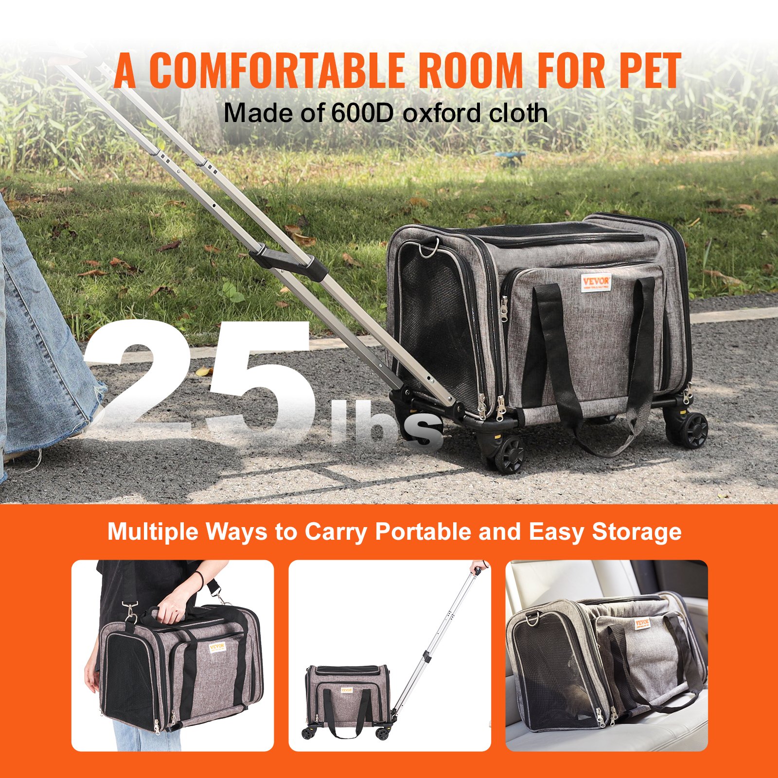 Cat Carrier With Wheels, Airline Approved Rolling Pet Carrier With Telescopic Handle And Shoulder Strap, Dog Carrier With Wheels For Pets Under 25 Lbs, With 1 Folding Bowl, Grey - Image 4
