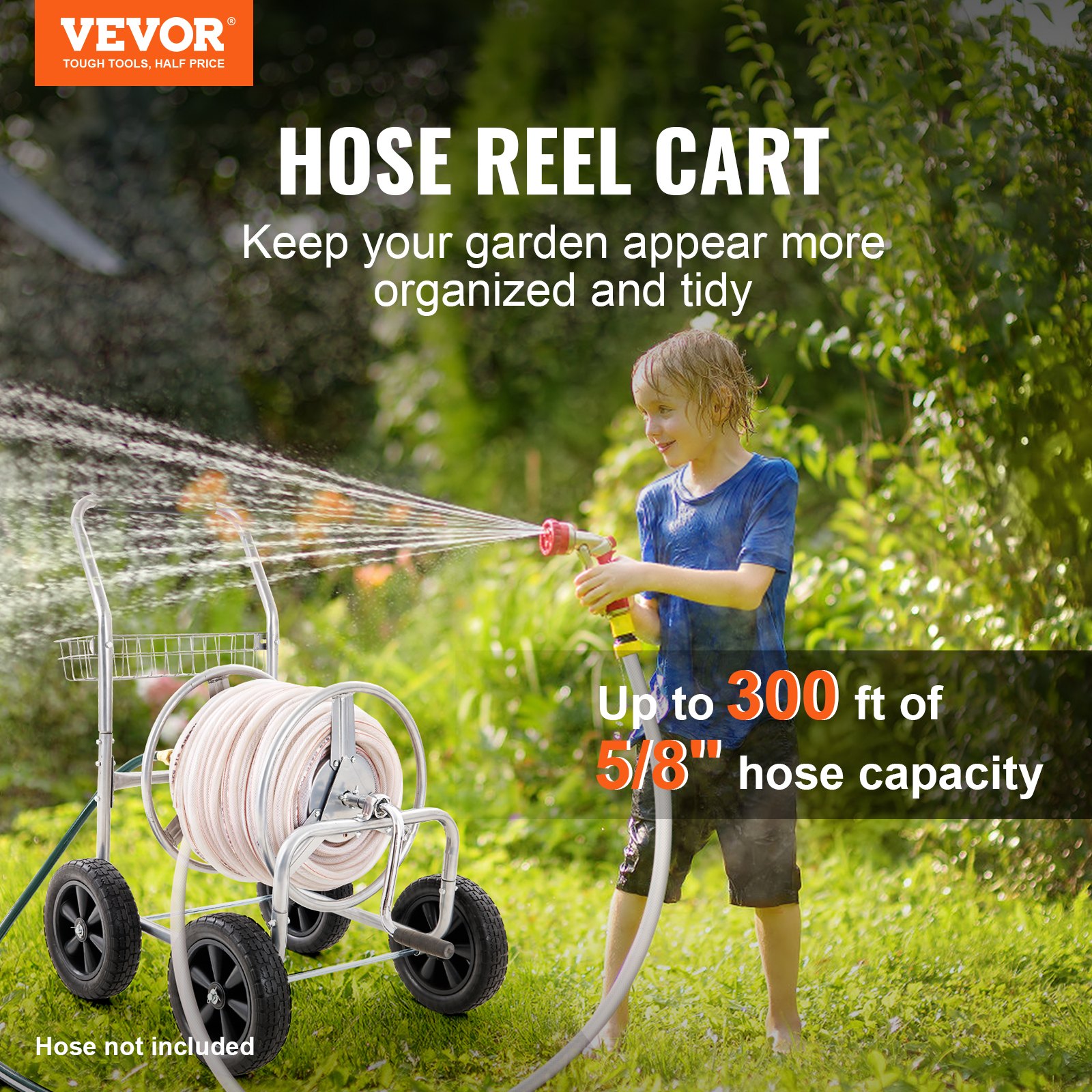 Hose Reel Cart, Hold Up To 300 Ft Of 5/8’’ Hose, Garden Water Hose Carts Mobile Tools With 4 Wheels, Heavy Duty Powder-coated Steel Outdoor Planting With Storage Basket, For Garden, Yard, Lawn image 2