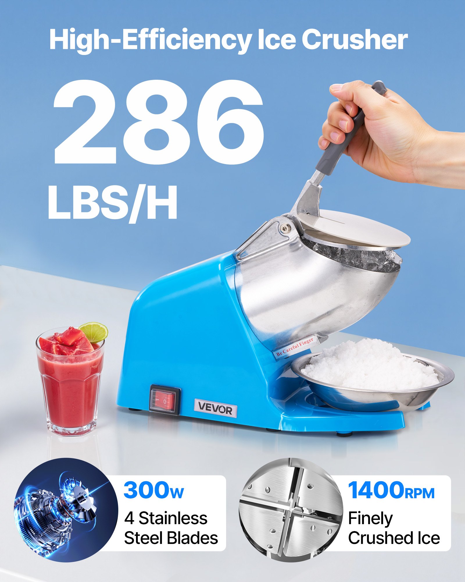Commercial Ice Crusher 286LBS/H Electric Snow Cone Maker Shaved Ice Blue image 2