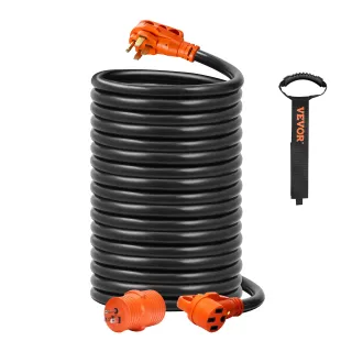 50 Ft RV Extension Cord, 50 Amp, Heavy Duty STW RV Power Cord, NEMA 14-50R Female NEMA 14-50P Male Plug, With LED Indicator Handle 15A Adapter, For RVs, Trams, Generators, Campers,