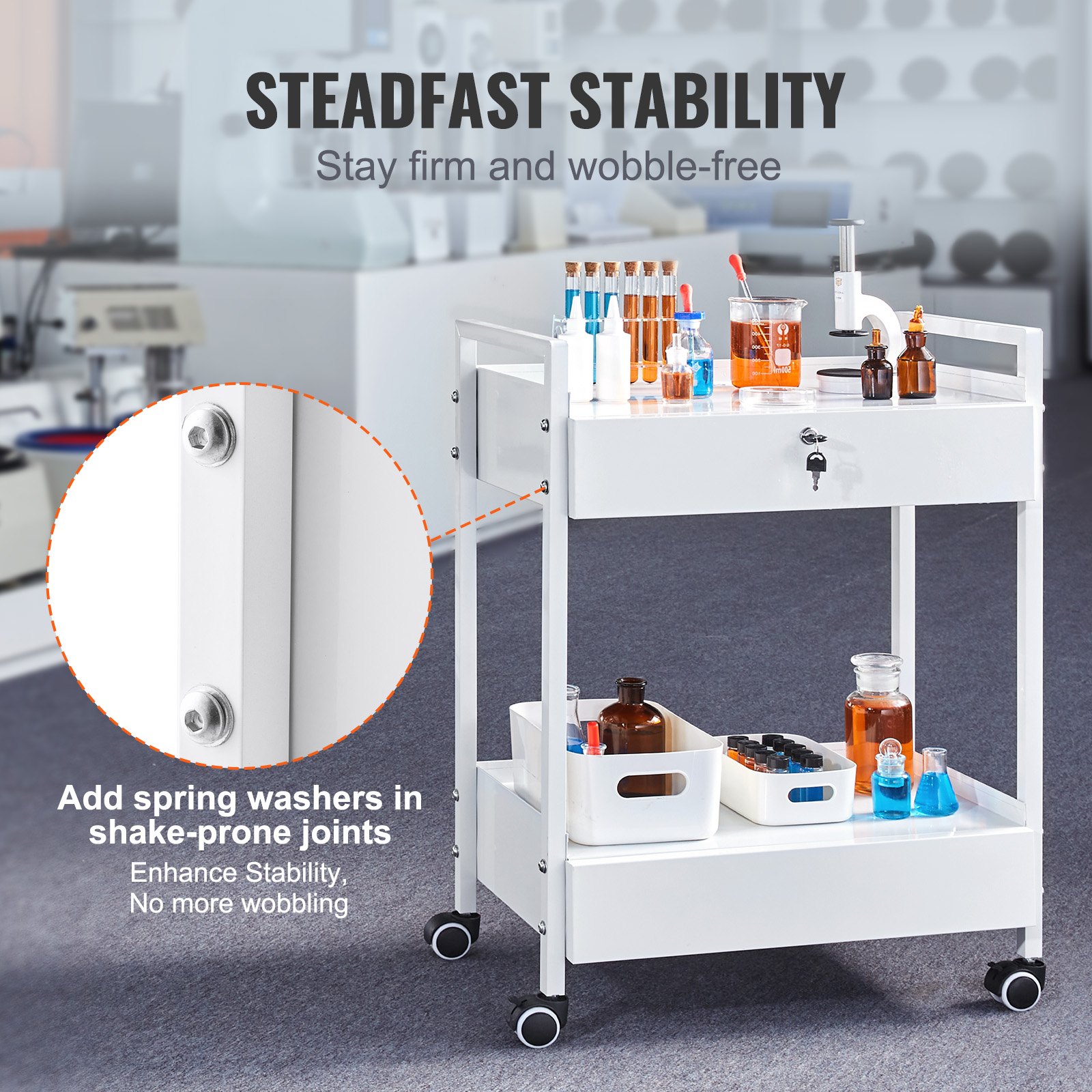 Lab Cart, 2 Tiers Stainless Steel Utility Cart, Medical Cart With 2 Drawers, Rolling Lab Cart White Paint, Serving Cart With Swivel Casters For Laboratory, Hospital, Dental, Salon And Beauty