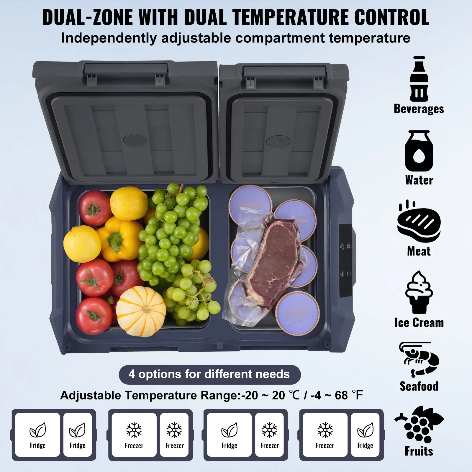 Portable Car Refrigerator Freezer Compressor 40 L Dual Zone For Car Home