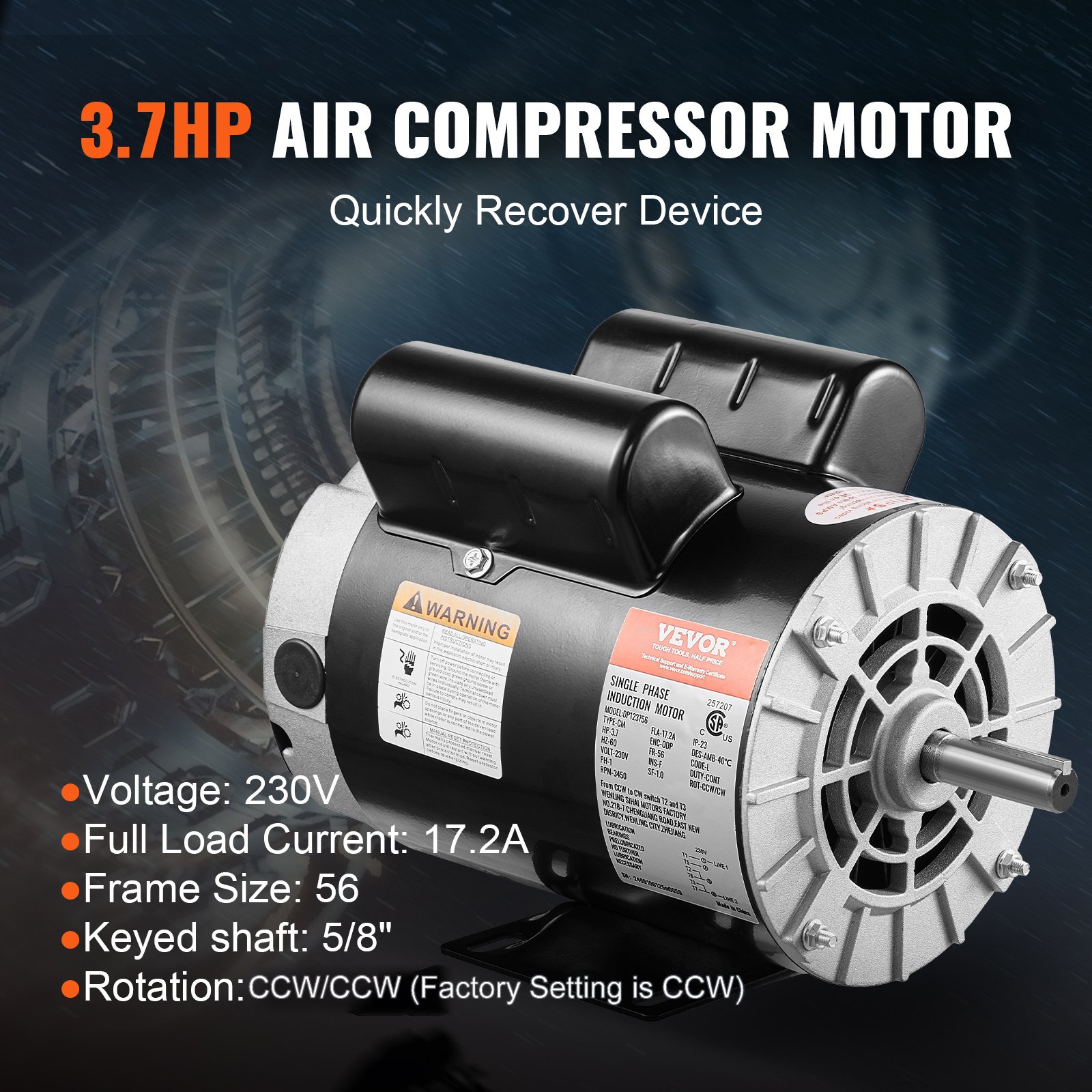 3.7HP Air Compressor Electric Motor 230V 17.2A 3450RPM 56 Frame CW/CCW Rotation (Factory Setting Is CCW)