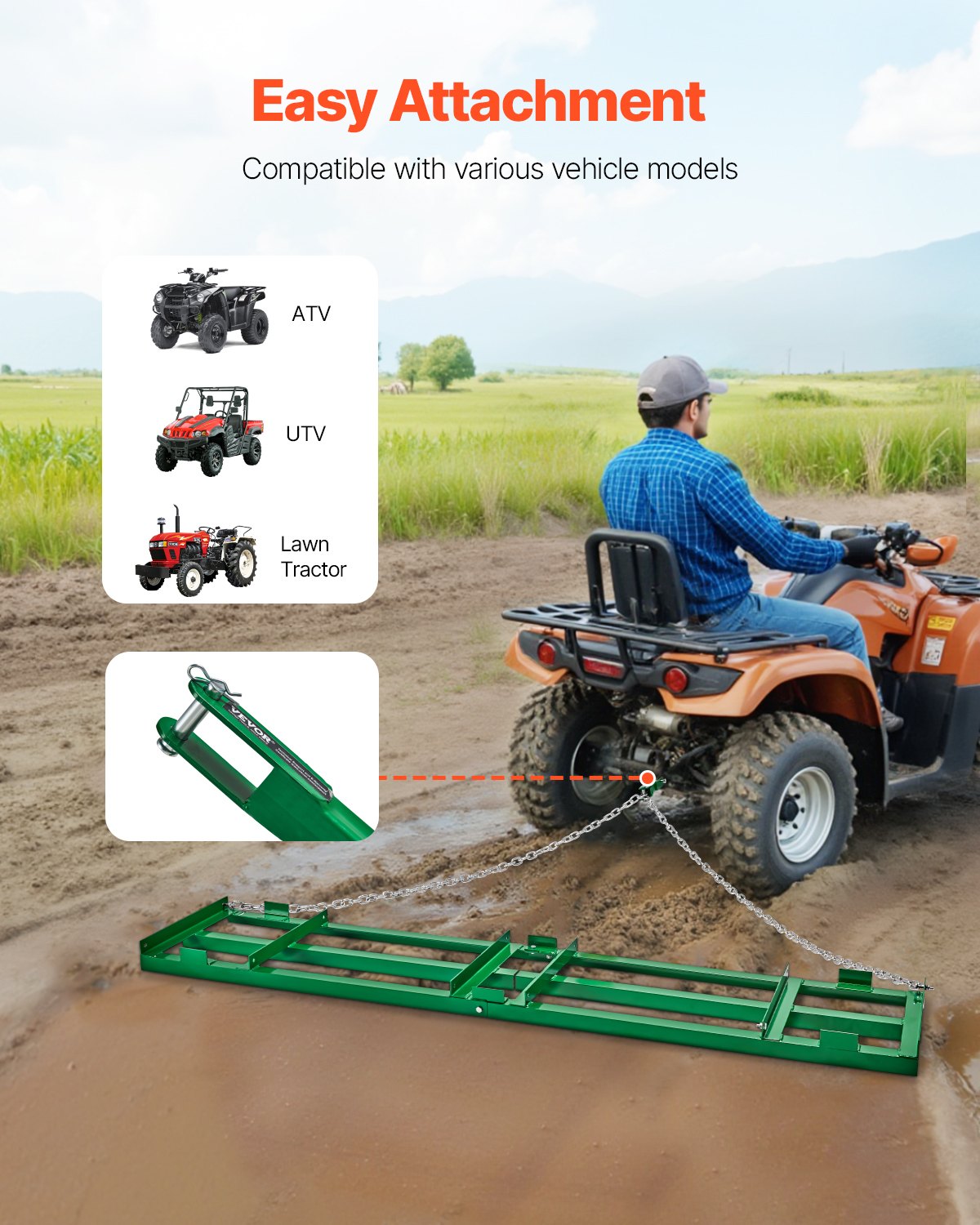 Drag Harrow 8 Ft Heavy Duty Tow Behind Drag Harrow Driveway Grader Rake image 4
