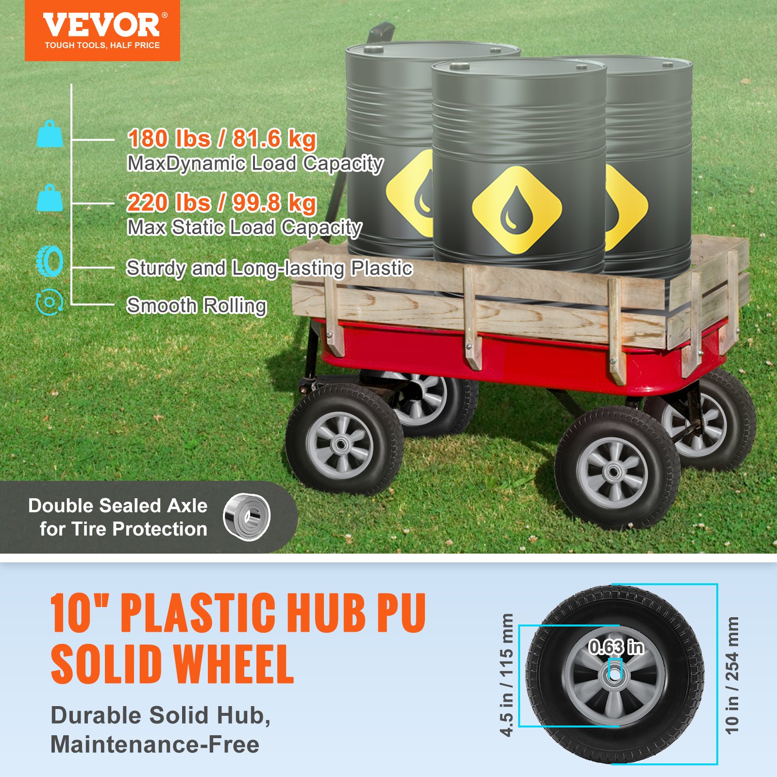 Solid PU Run-Flat Tire Wheel, 10', 2-Pack, 180 Lbs Dynamic Load, 220 Lbs Static Load, Flat Free Tubeless Tires And Wheels For Hand Truck, Utility Cart, Dollies, Garden Trailers, Various Carts image 2