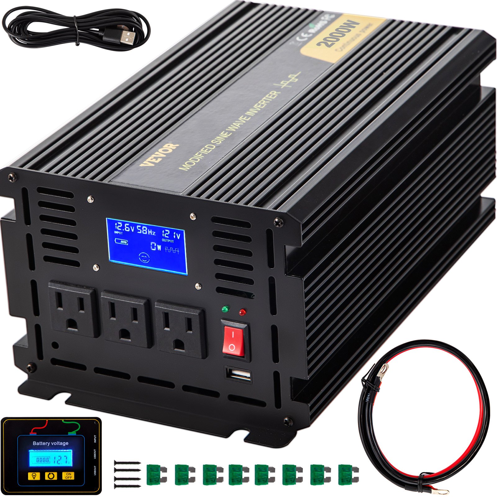 Power Inverter, 2000W Modified Sine Wave Inverter, DC 12V To AC 120V Car Converter, With LCD Display, Remote Controller, LED Indicator, AC Outlets Inverter For Truck RV Car Boat Travel Camping – Black