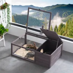 Tortoise Habitat Wooden Tortoise House Indoor & Outdoor 2-Room 38x24x13in - Grey - View 1