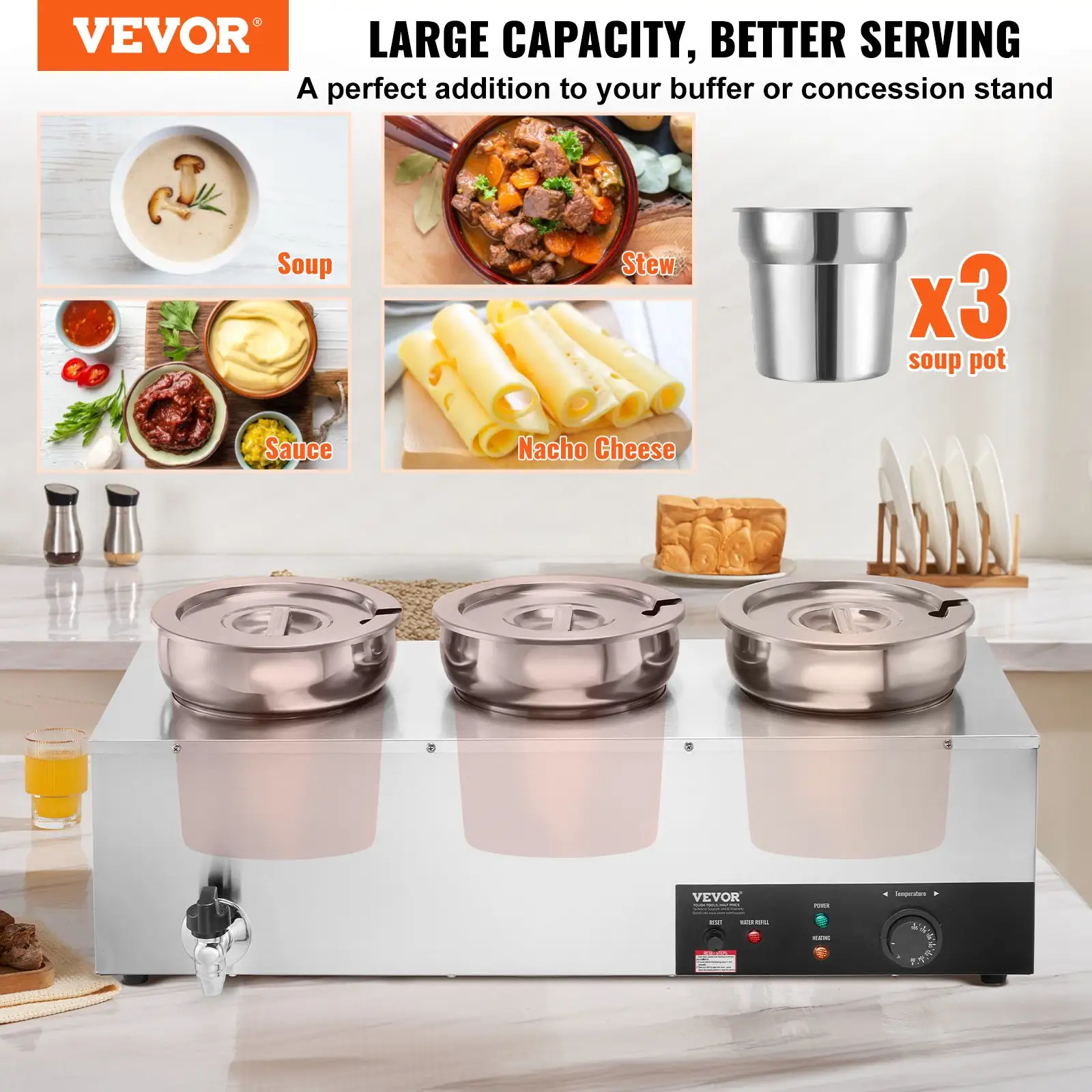 Electric Soup Warmer, Three 7.4QT Stainless Steel Round Pot 86~185°F Adjustable Temp, 1200W Commercial Bain Marie With Anti-dry Burn And Reset Button, Soup Stat