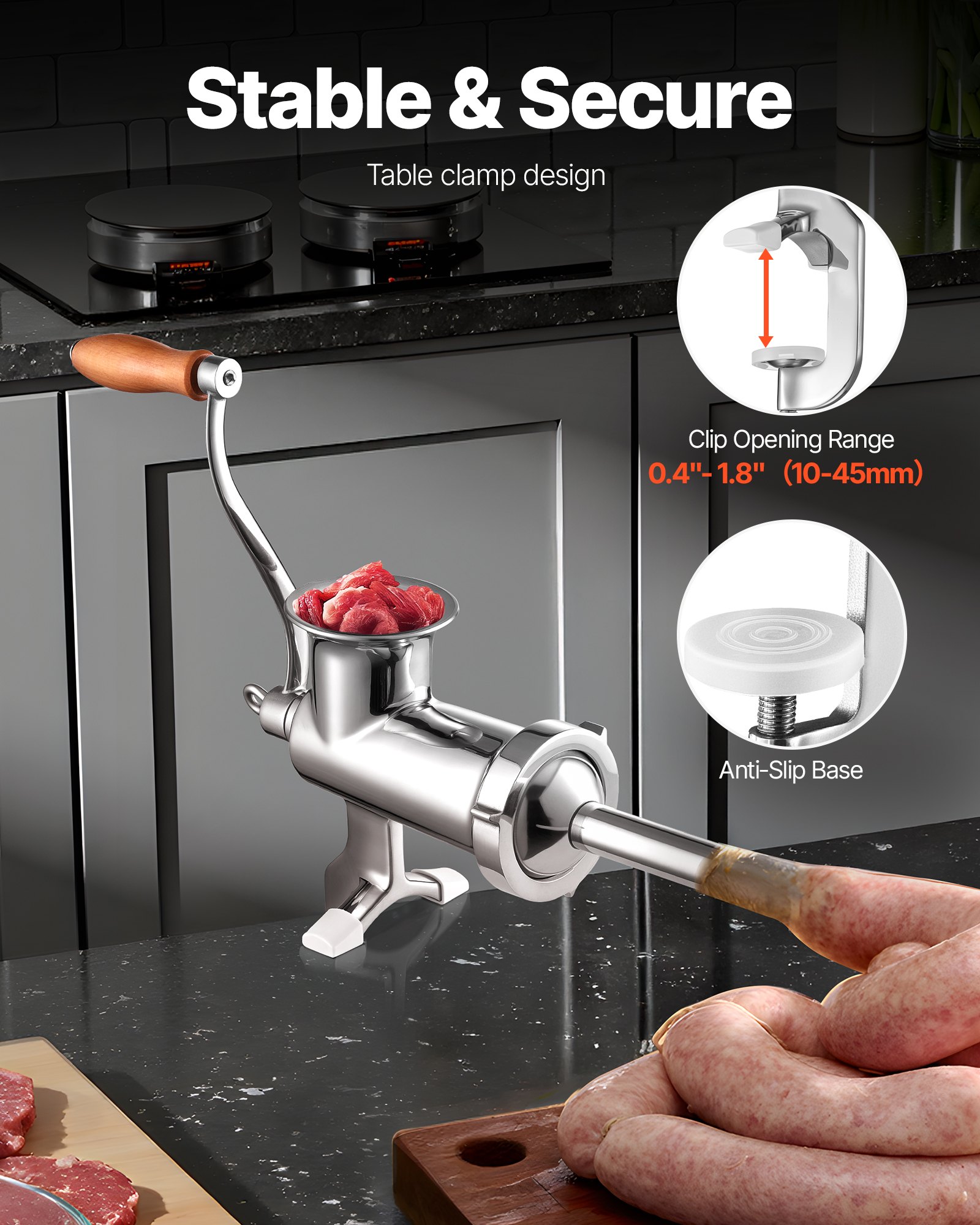 Manual Meat Grinder, All Parts Stainless Steel, Hand Operated Meat Grinding Machine With Tabletop Clamp, 2 Grinding Plates & Sausage Stuffer, Ideal For Home Kitchen Restaurant Butcher’s Shop