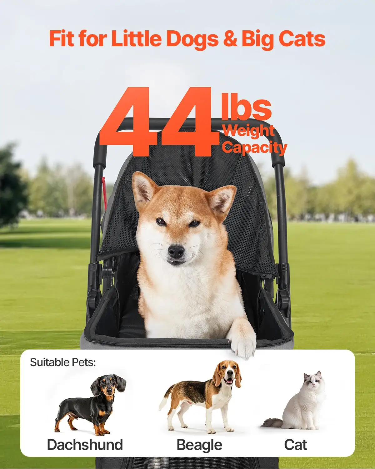 Pet Stroller Foldable 4 Wheels Travel Dog Stroller Reversible Handle Up To 44lbs