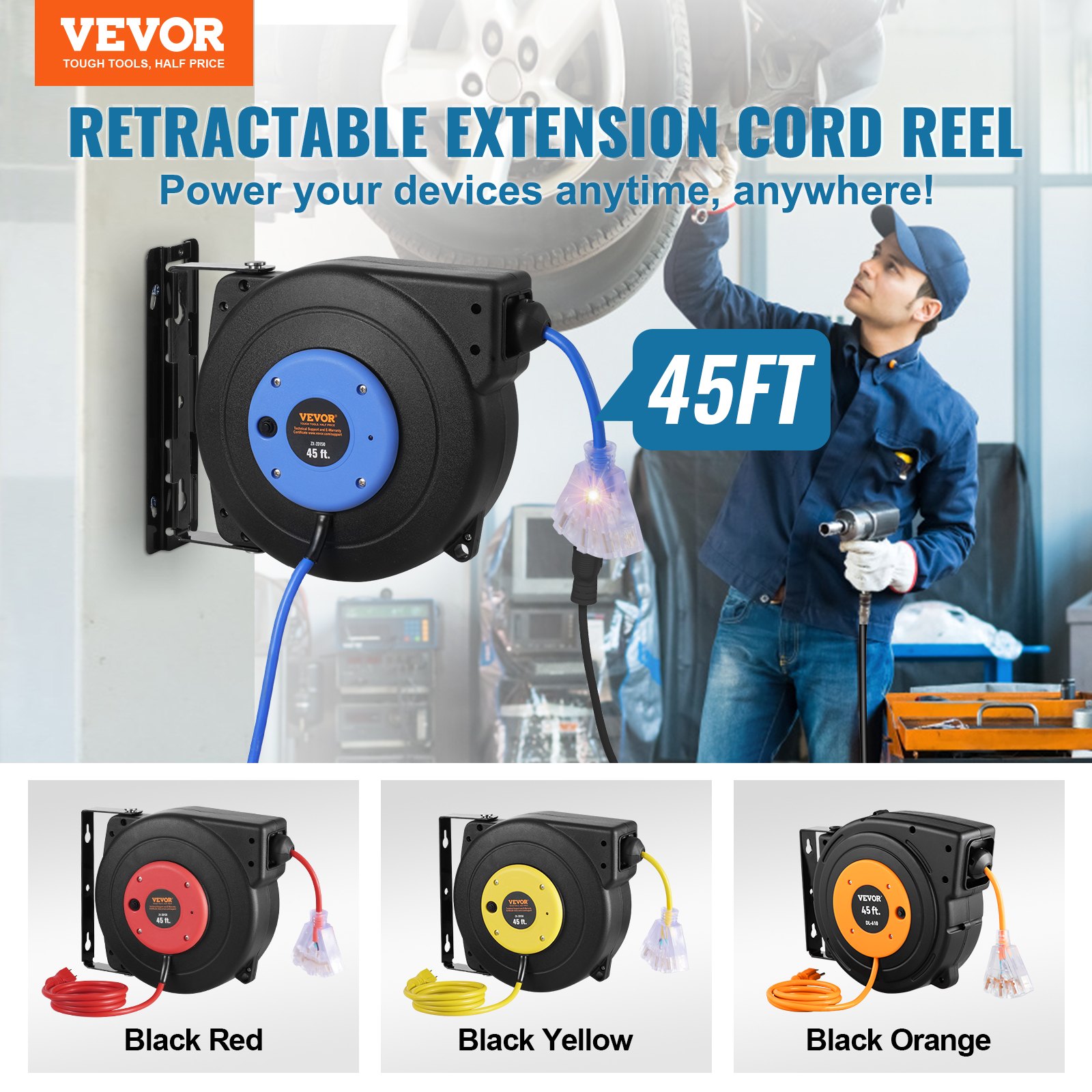 Retractable Extension Cord Reel Power Cord Reel 45FT 12AWG/3C SJTOW - 2