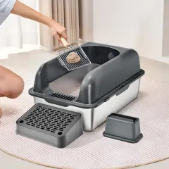 6 In Deep Cat Litter Box Odor-Free Litter Box With Filtering Foot Board - Grey - View 1