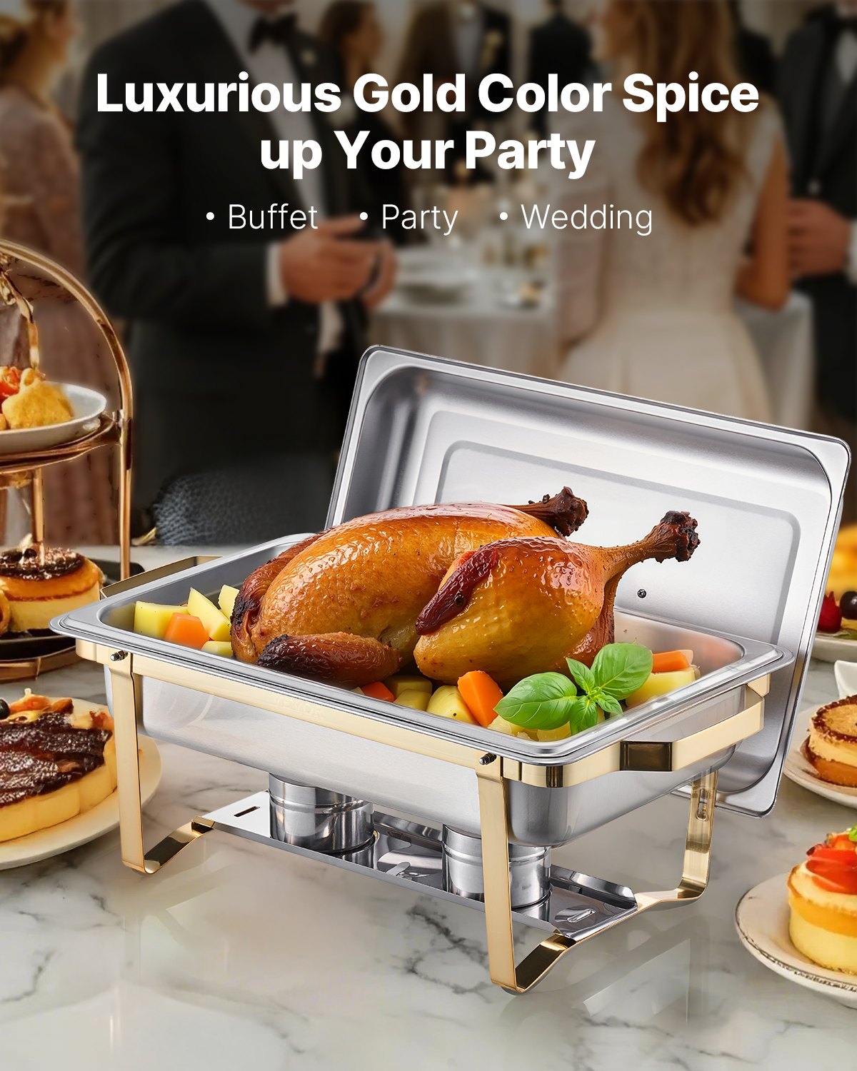 8 Qt 4 Pack Rectangle Chafing Dish Buffet Set Full-Size & Half-Size Pans Gold image 2